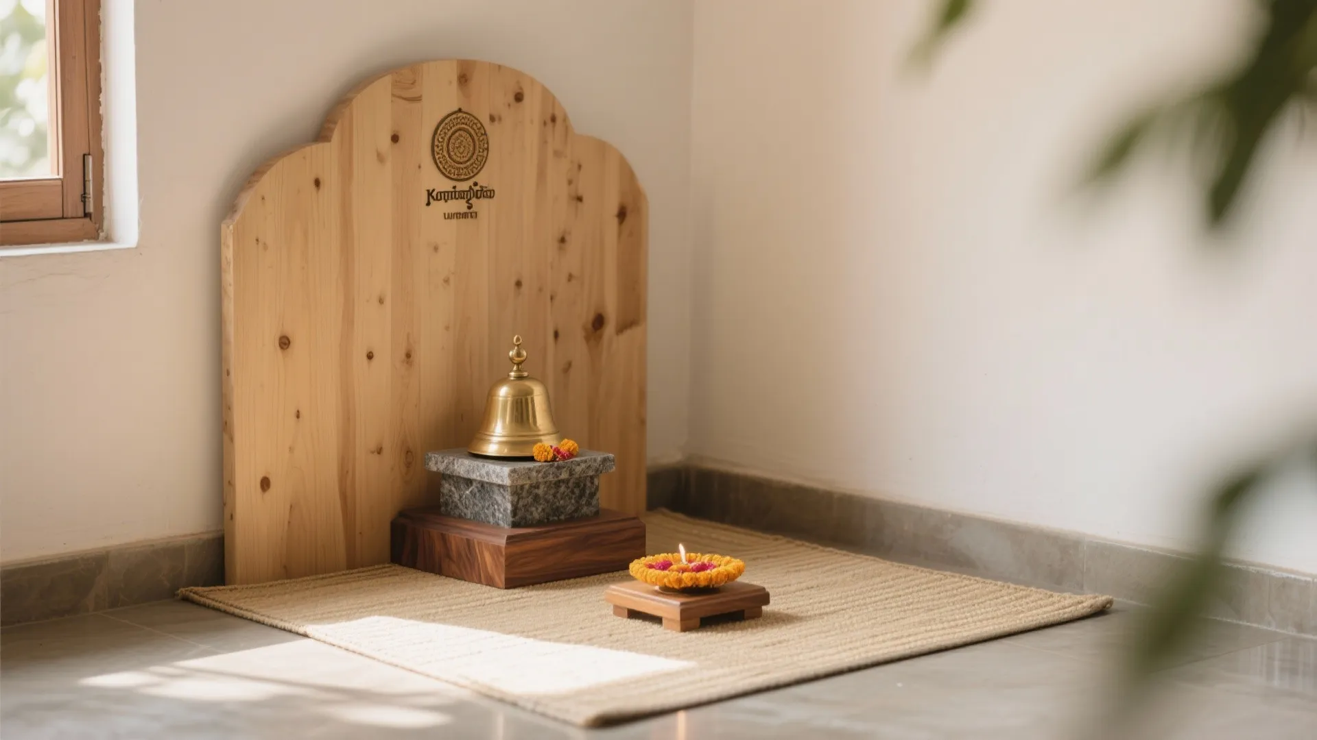 Small wooden prayer altar with brass bell on stone base over a tan woven mat