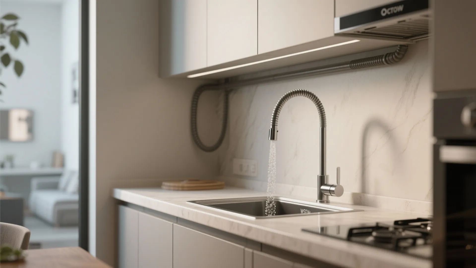 Modern silver pull-out kitchen faucet with flowing water over a small square stainless steel sink
