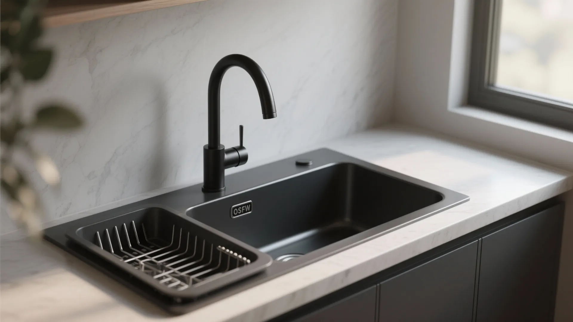 Modern black sink tap installed on white marble countertop with a matching black kitchen sink