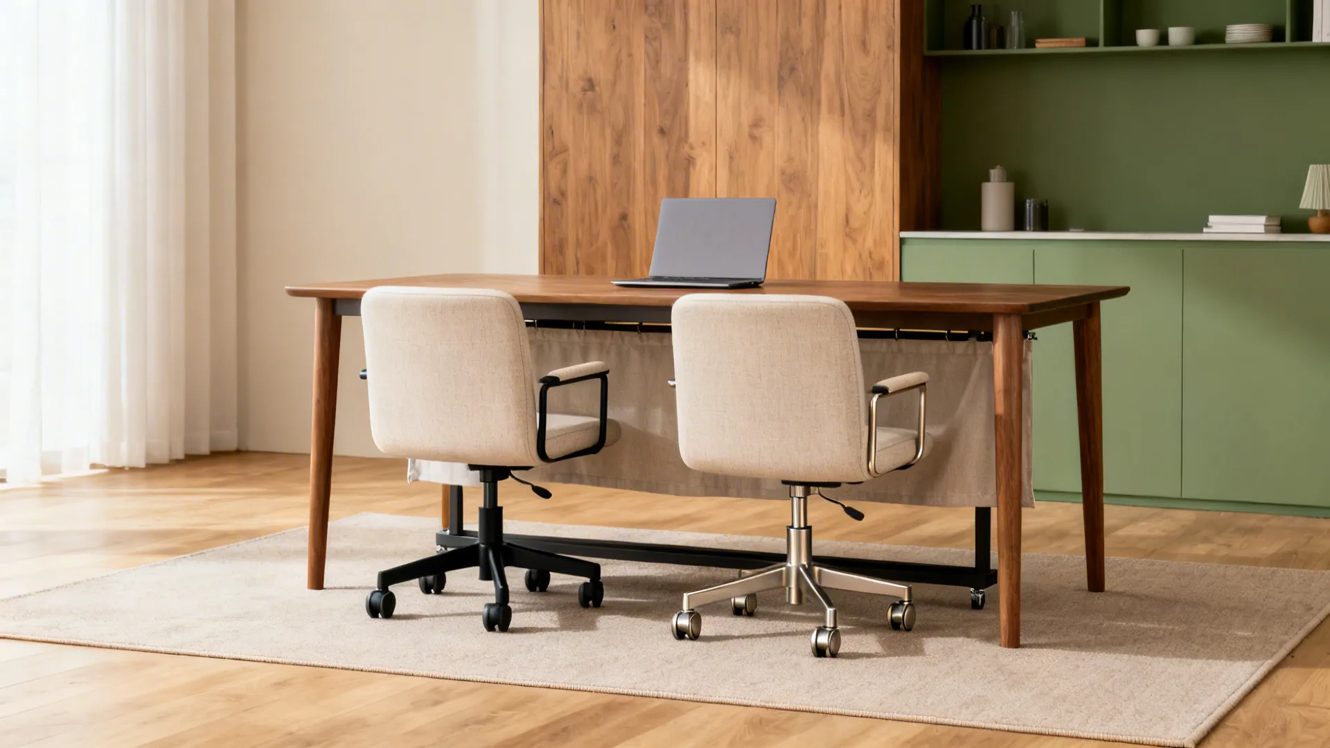 Low-arm upholstered caster chairs slide neatly under a dining table.