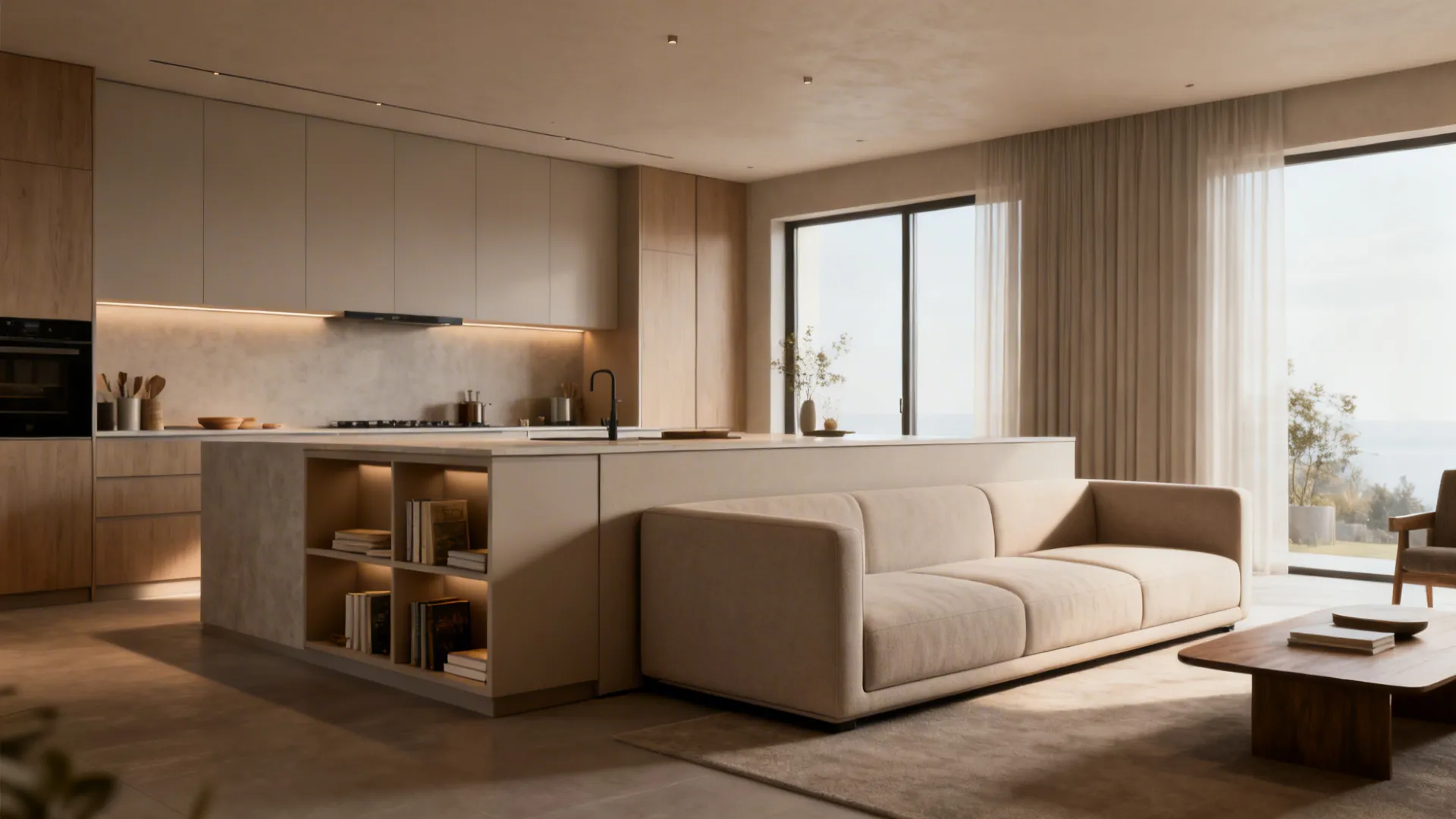 Open plan kitchen and living room featuring a tan sofa and minimalist wooden cabinet design layout