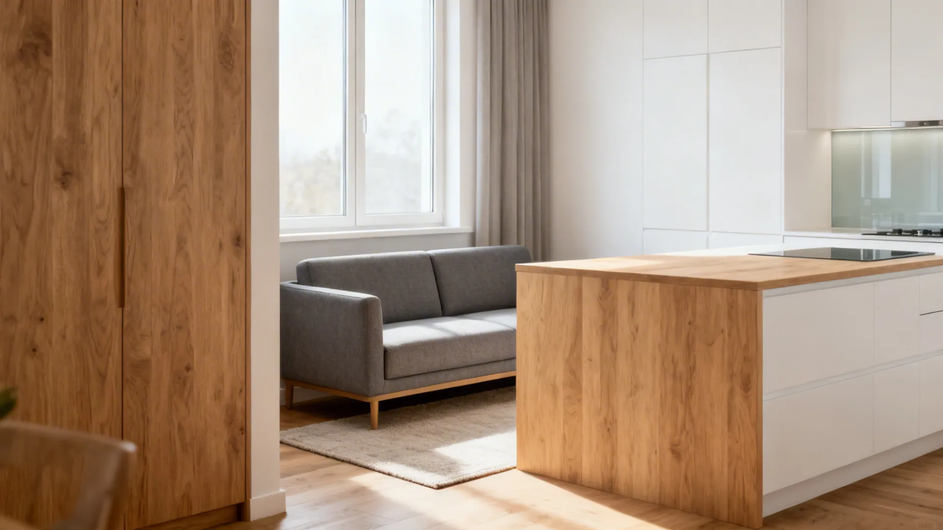 Low-back sofa behind a kitchen island creates a soft divider in a bright open plan.