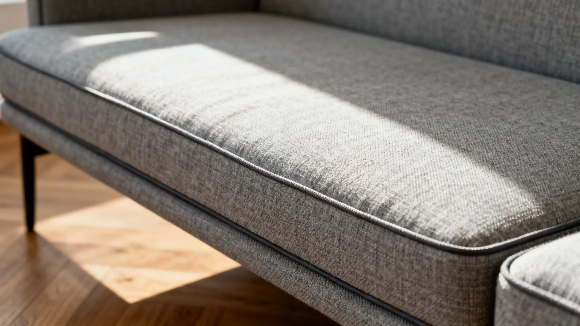 Close-up of tight-seat performance fabric on a low-back sofa with soft daylight.