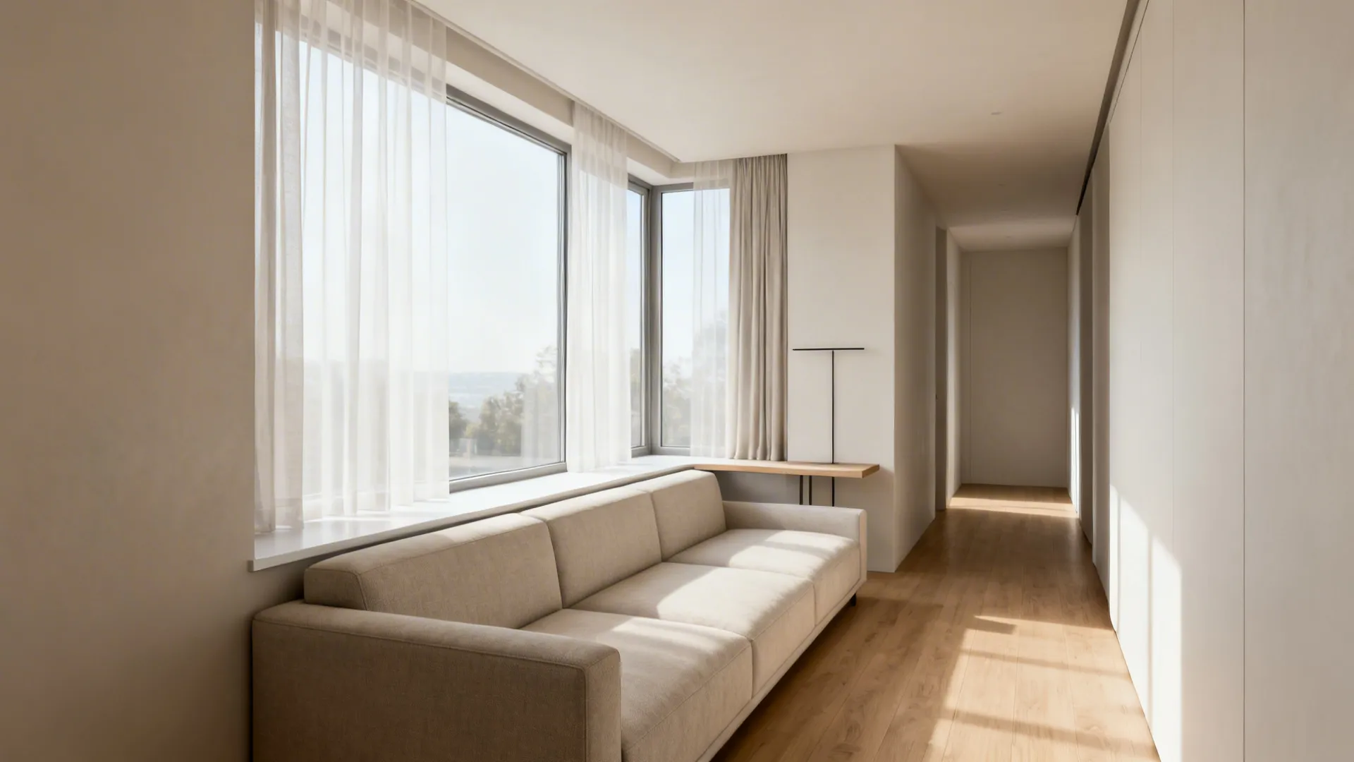 Narrow living room with a low-back L-shaped sofa at windowsill height and a higher corner arm.
