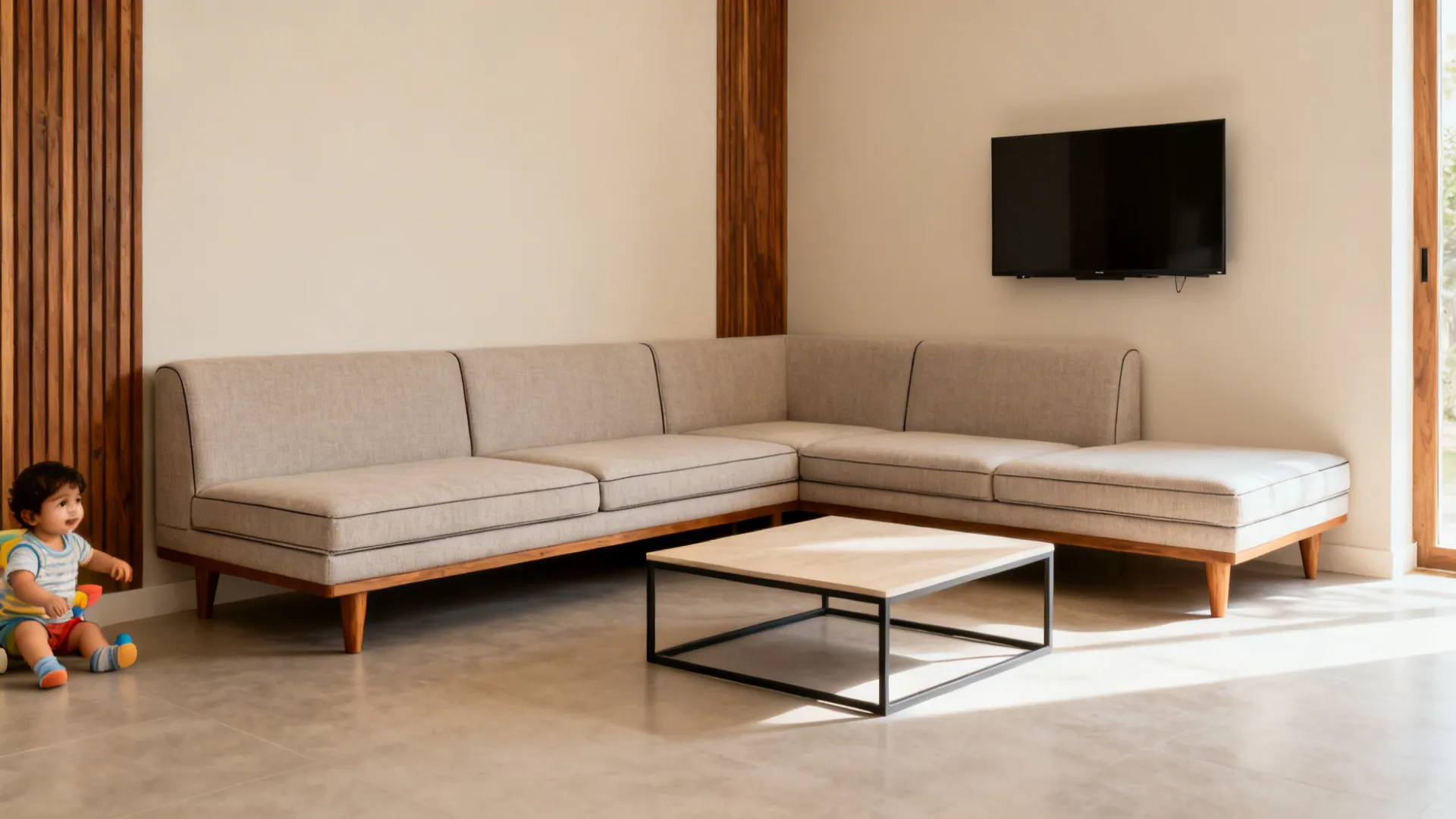 Low-back modular L-shaped sectional against the wall with wood accents in a compact living room.
