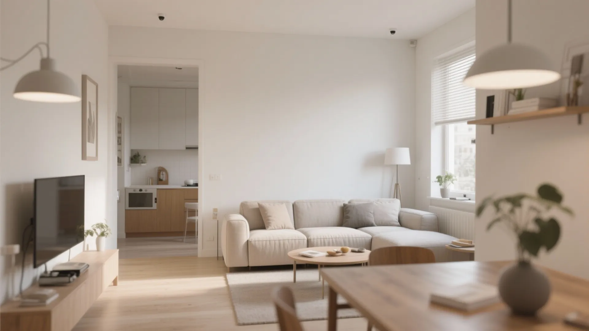 Low-back sofa in small open-plan living dining layout