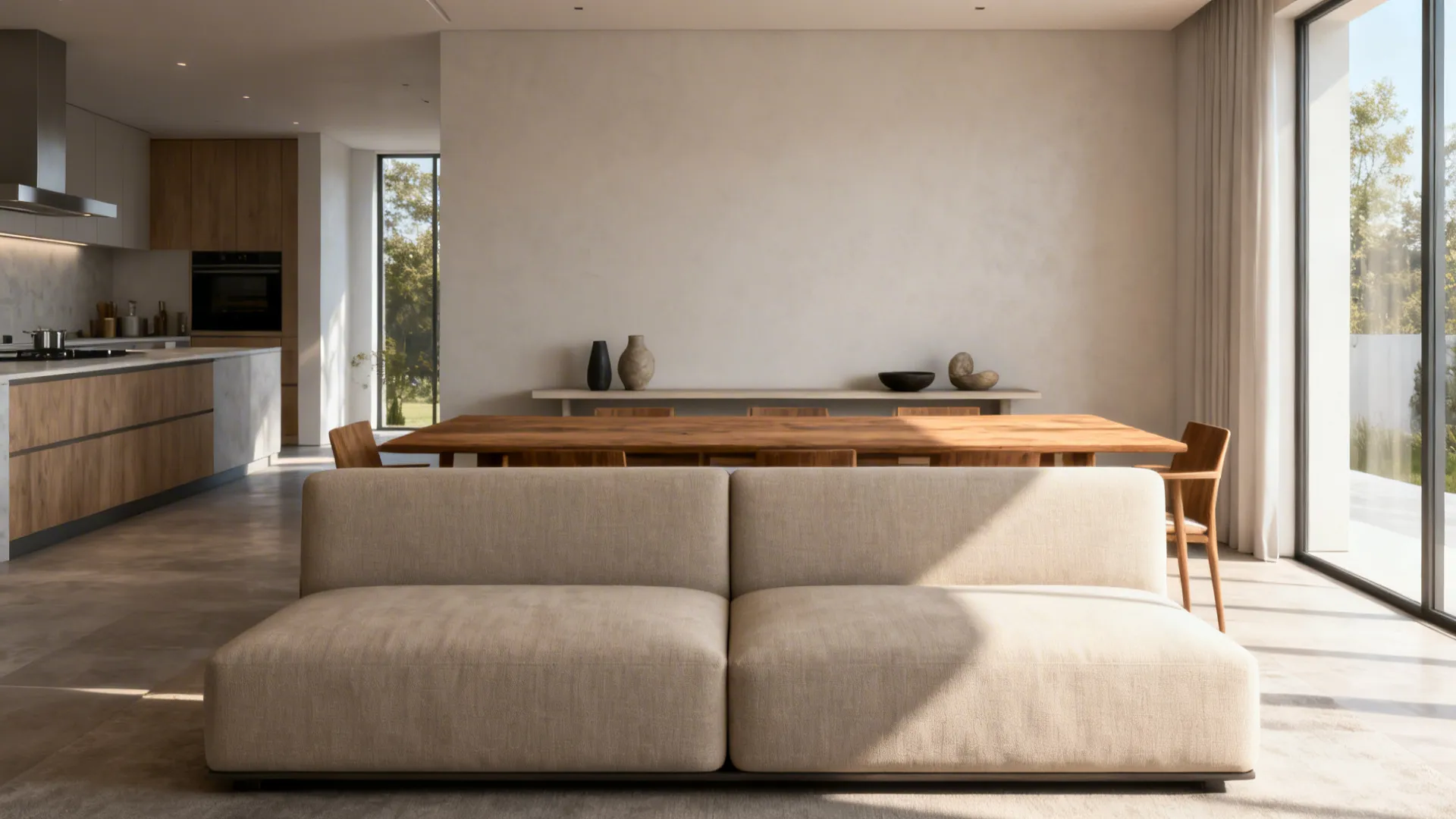 Low-back sofa separating lounge from dining while preserving sightlines to the kitchen.