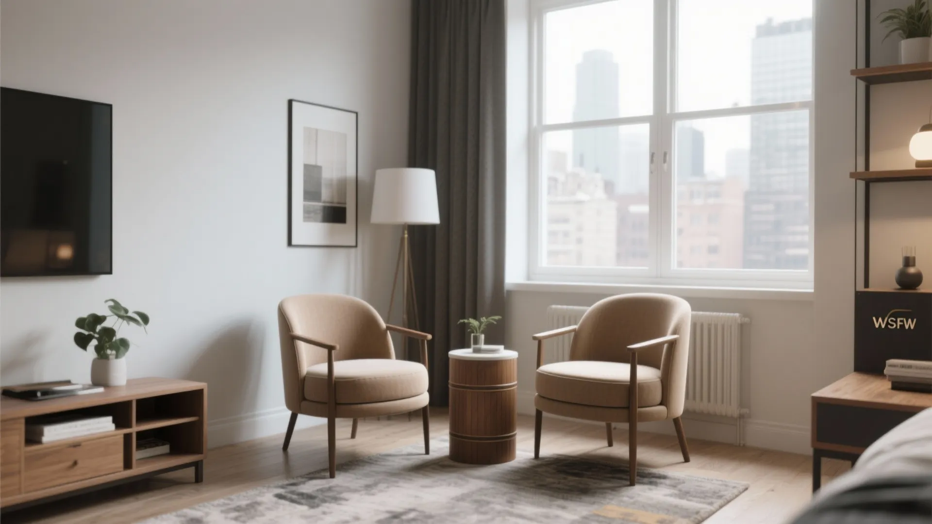 Pair of low-back barrel chairs in a small bright apartment