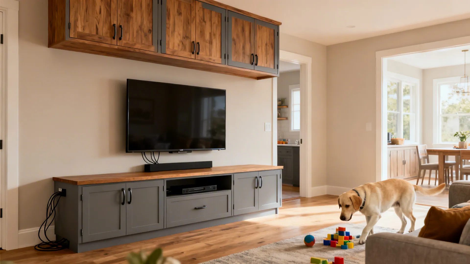 Low media cabinet with wall-mounted uppers above a TV, keeping the living room open and airy.