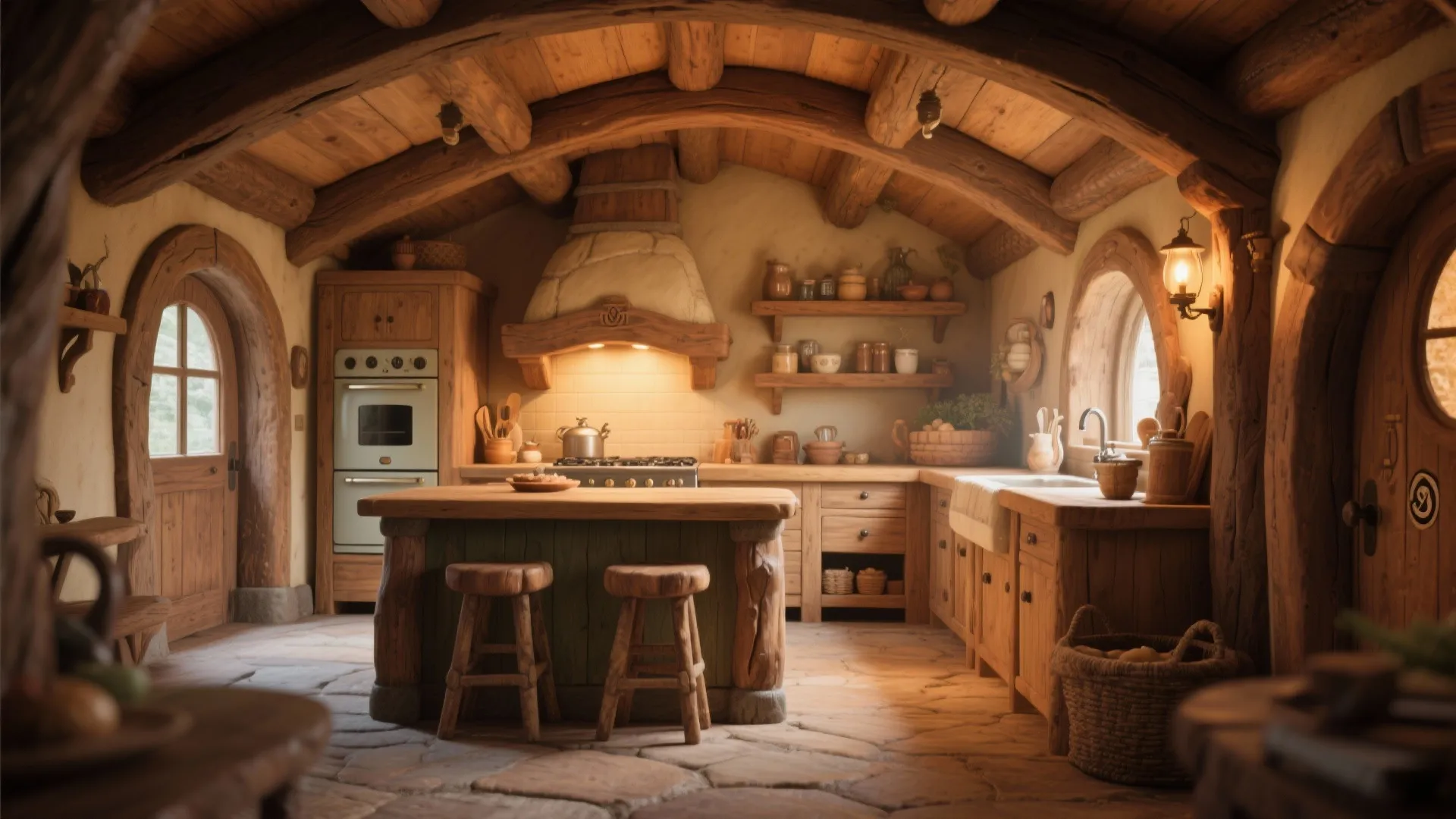 Rustic kitchen interior featuring low wood beam ceilings wooden island with stools and stone tile floor