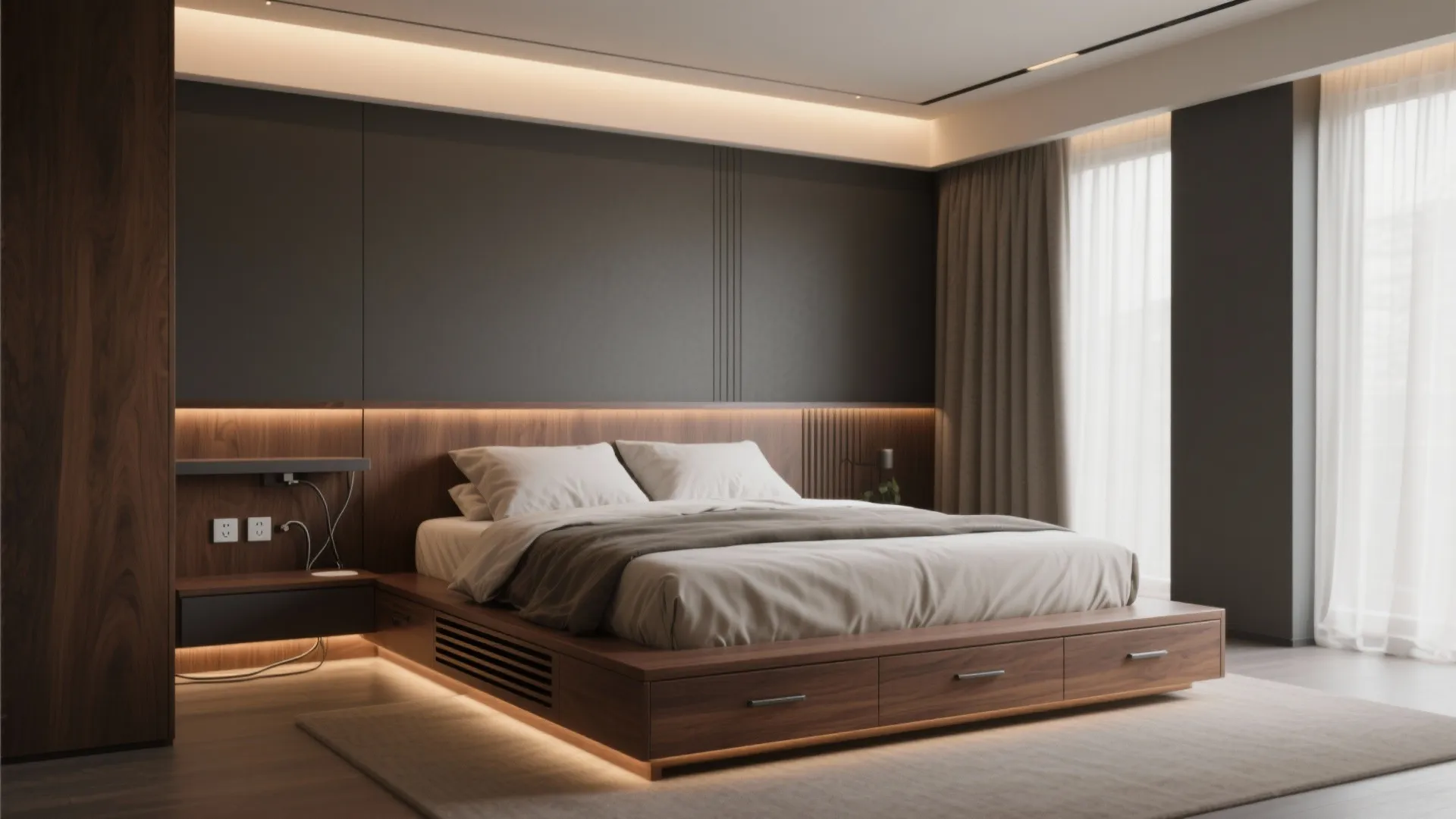Low wooden bed with storage drawers warm lighting dark wall panel and soft white curtains
