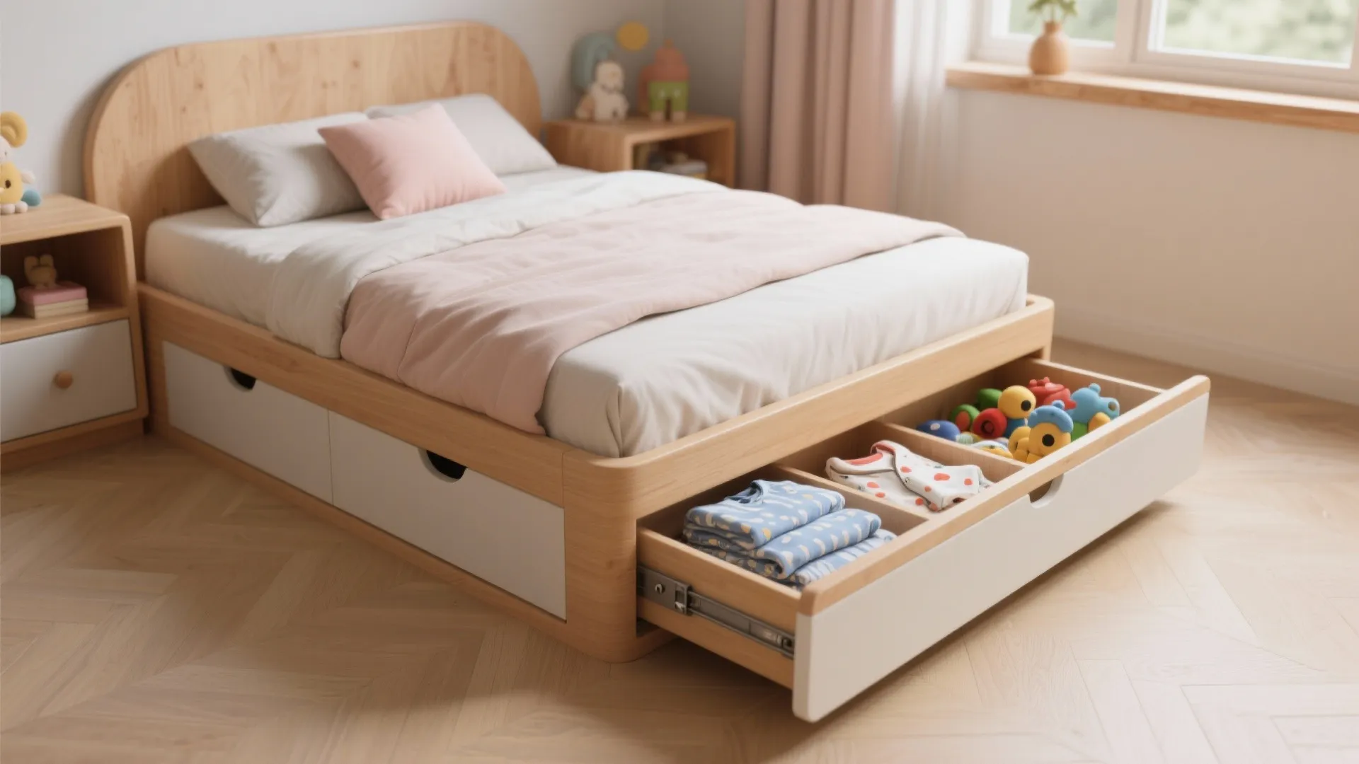 Wooden bed frame with open storage drawers containing folded clothes and toys in a kids bedroom