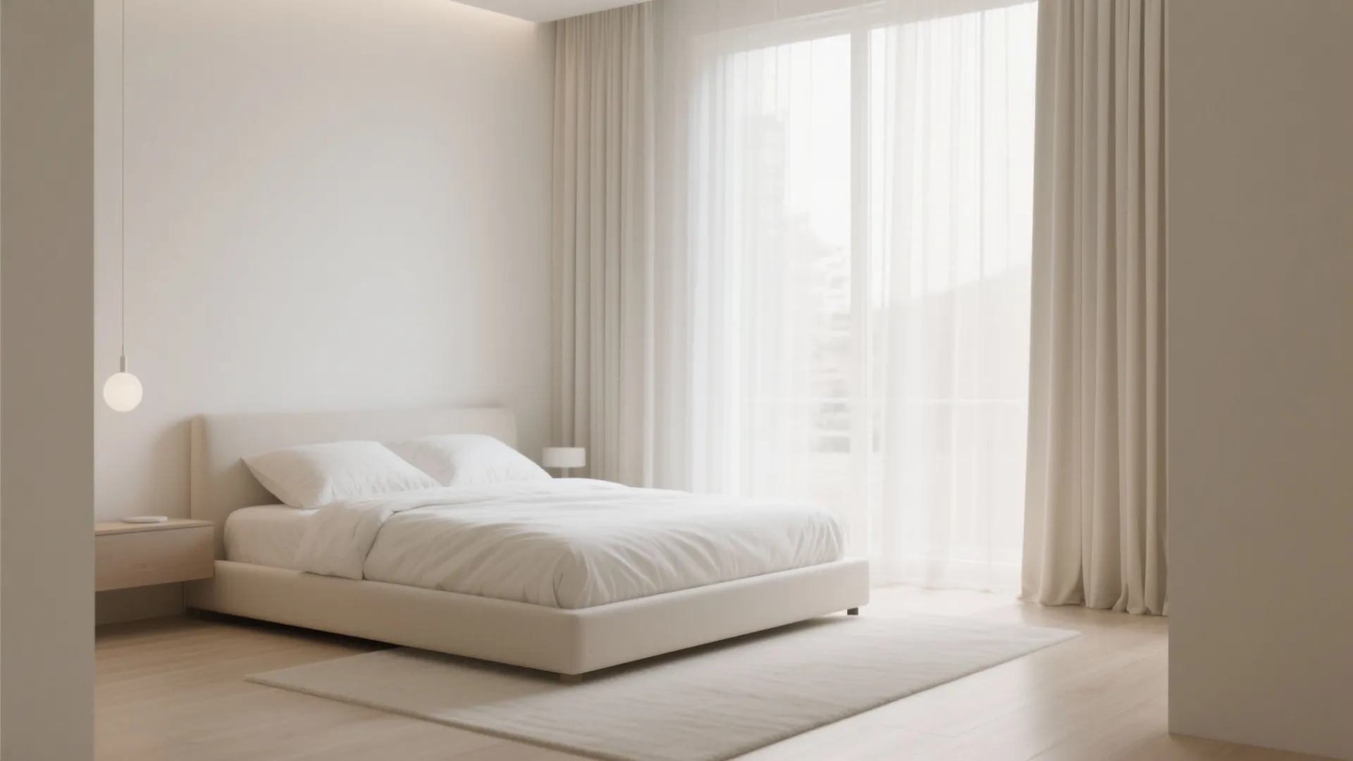 Minimalist white bedroom featuring a low bed frame with white bedding and long neutral curtains