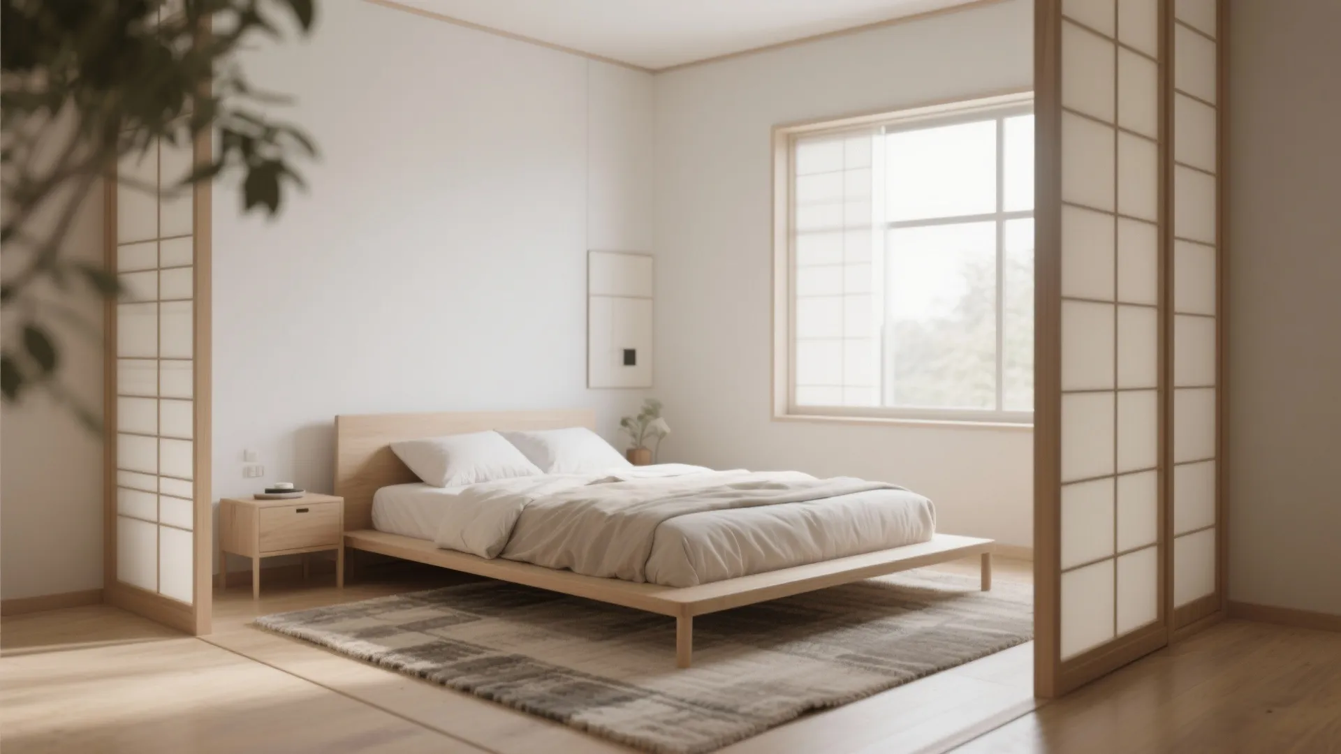 Japanese style bedroom featuring a low wooden bed frame patterned rug and sliding paper doors