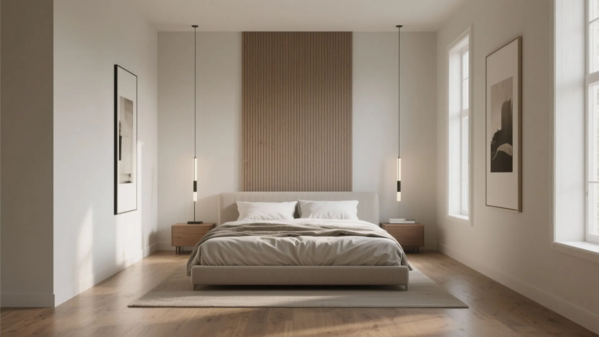 Modern bedroom with wooden wall panel, hanging lights, beige bed, white walls, and wood floor