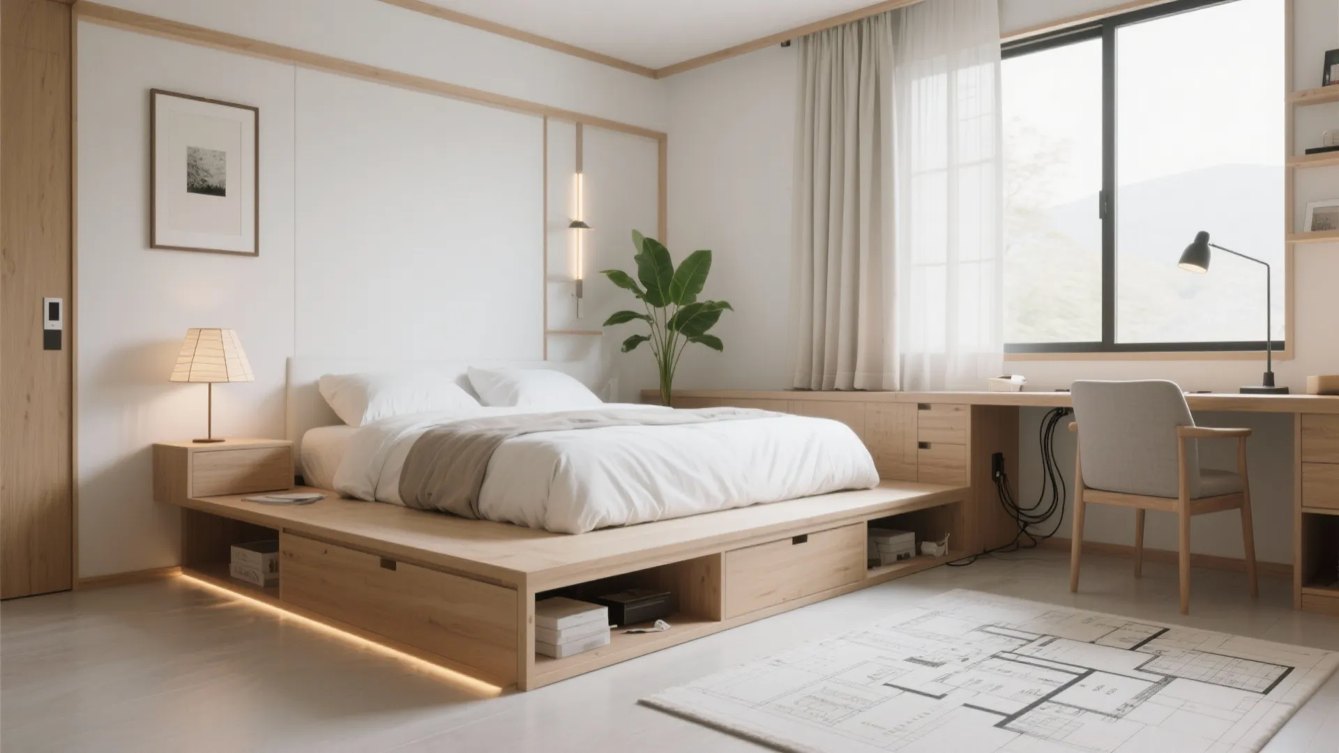 Tips 3: ベッドは低く、デスクは壁付け—視線の抜けで部屋を広く見せる（東京・京都・日式風格）