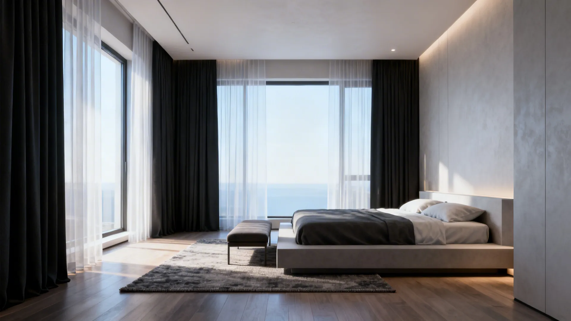 Low platform bed with sheer and blackout layered curtains and a bench at the foot to reduce drafts