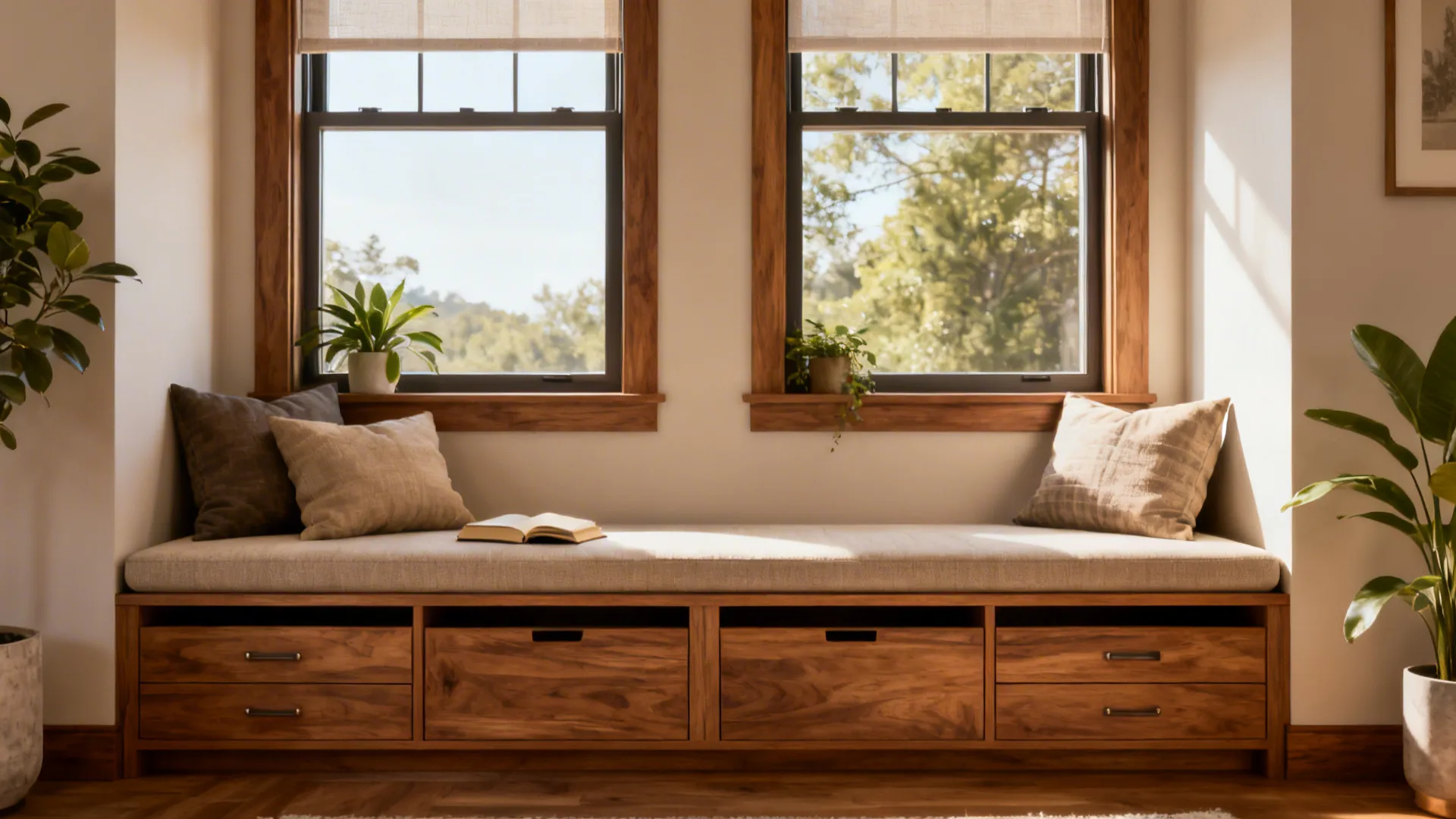 Low cabinetry under windows doubling as cushioned bench with storage drawers