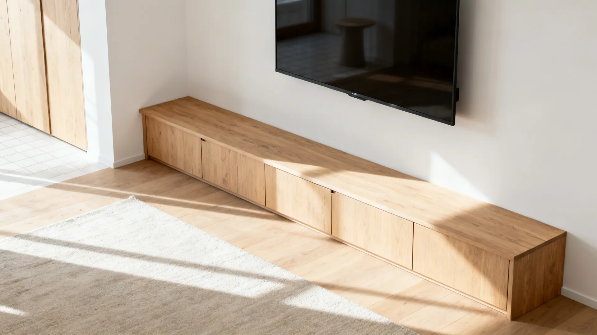 Low, long media bench sliding into a corner with a wall-mounted TV in a Scandinavian living room.