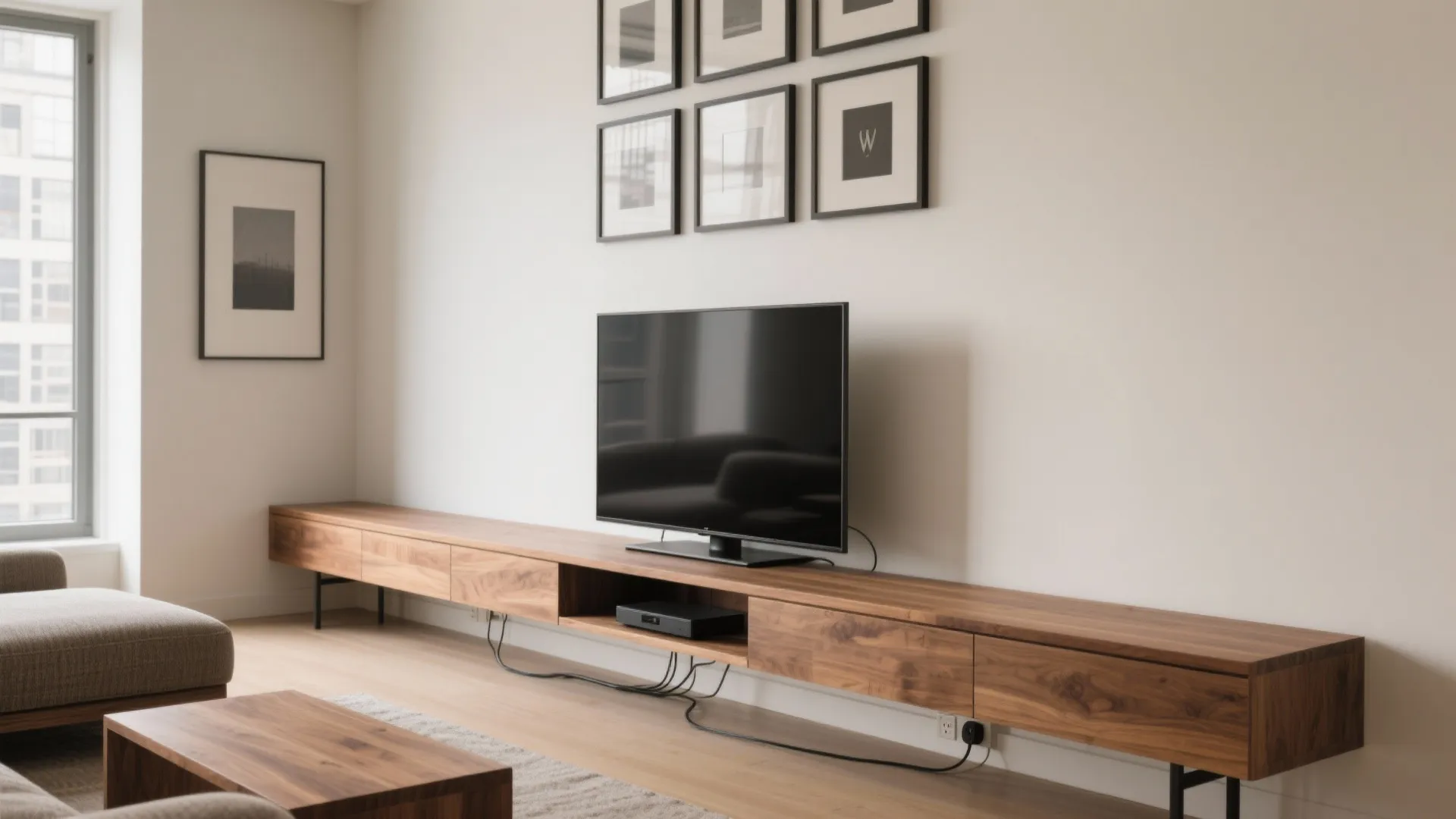 3) Long, Low Media Bench + Layered Art