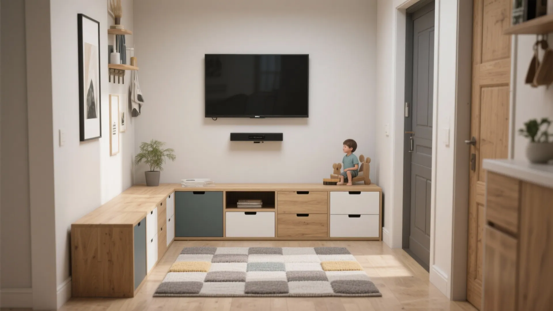 Low, long bench console with movable modules