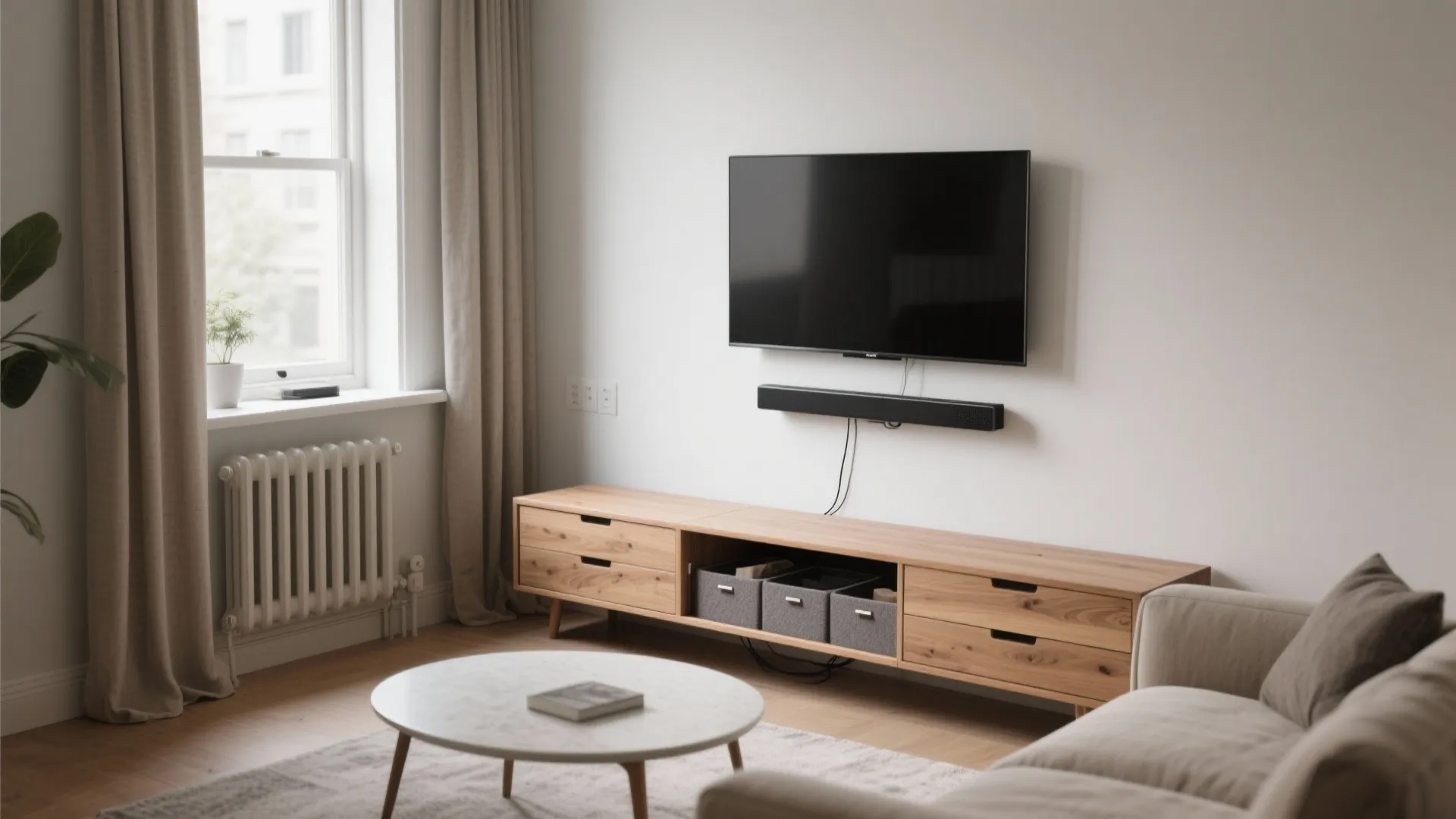 Modern living room featuring wall mounted television wooden storage cabinet round white coffee table and sofa