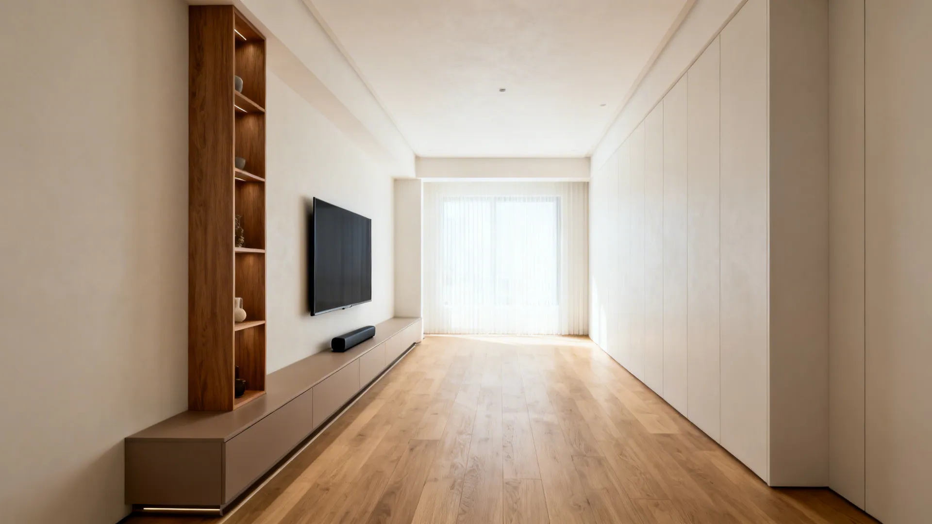 Low matte media bench under a TV with a slim vertical oak showcase tower in a narrow living room.
