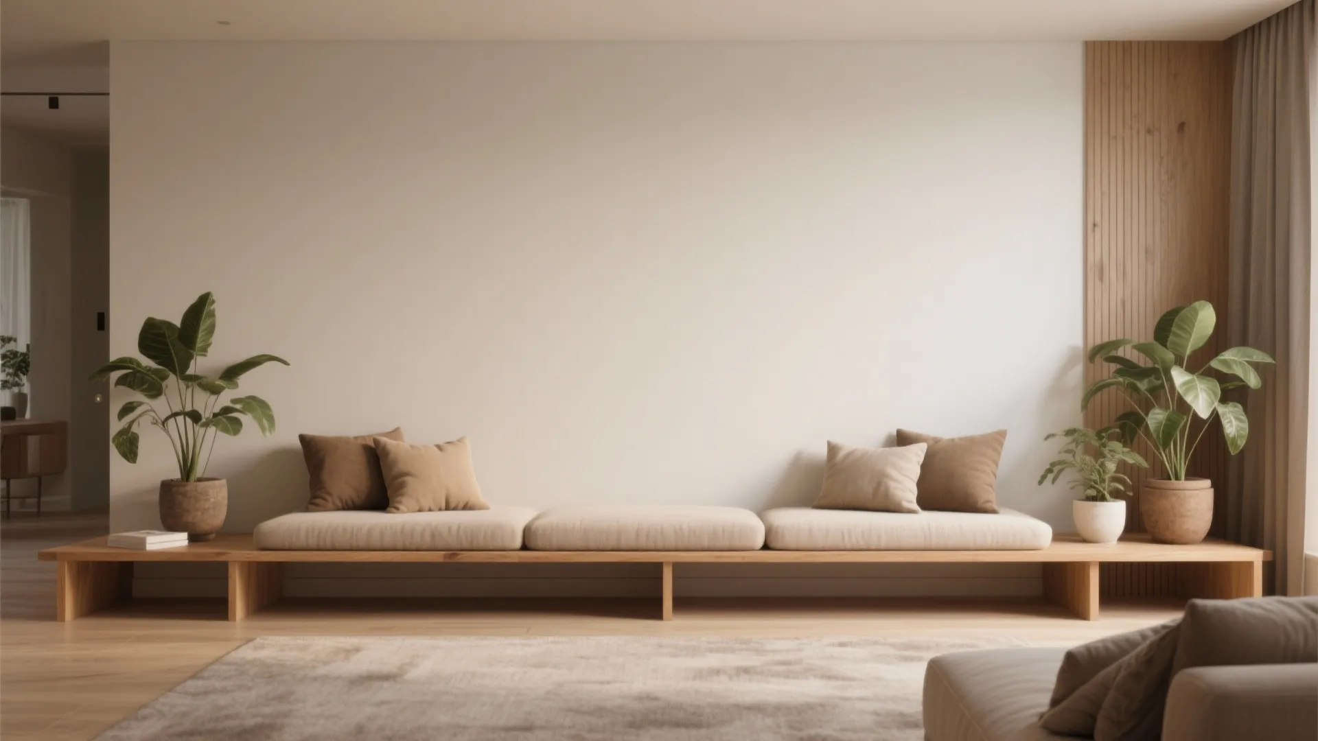 Low wooden bench along a wall with plants and cushions