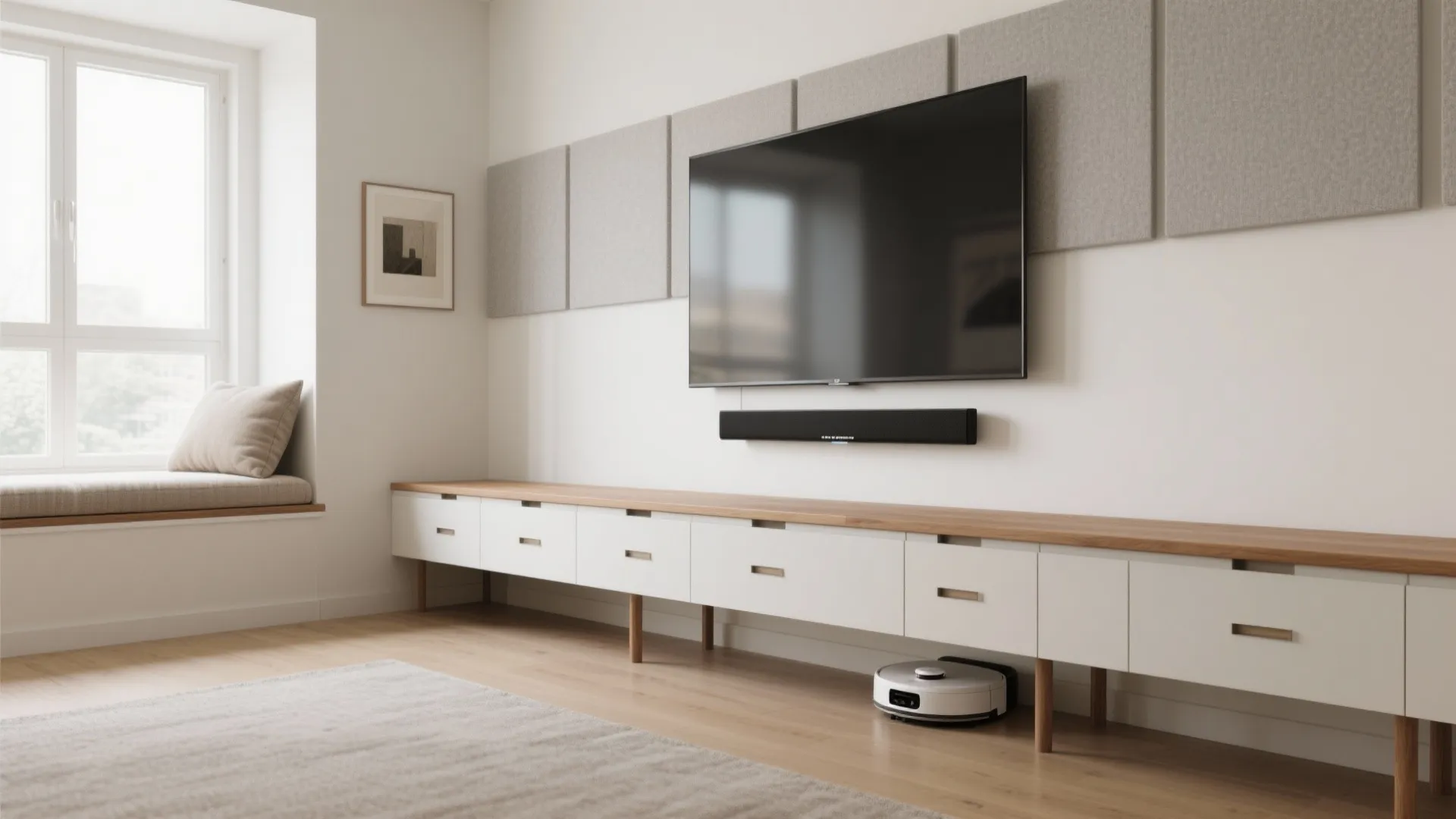 4) Low Media Bench That Doubles as a Window Seat