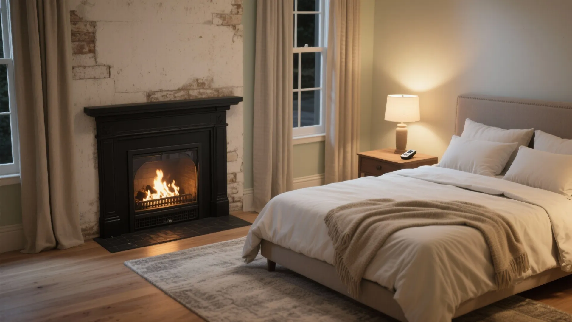 Cozy bedroom interior with a black fireplace burning wood near a bed with white sheets