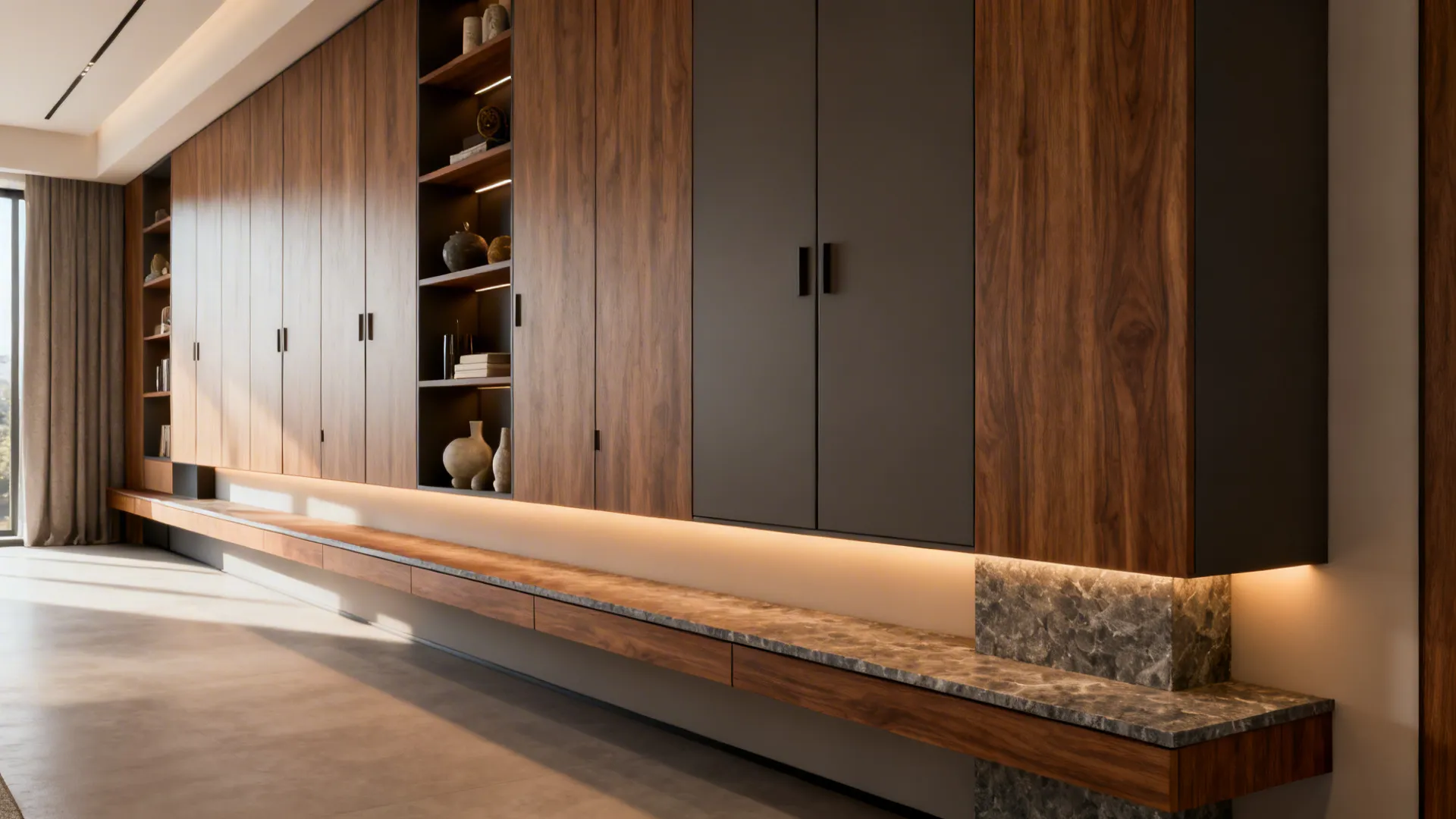 Wall to wall wooden cabinets with dark grey doors open shelves and low stone bench