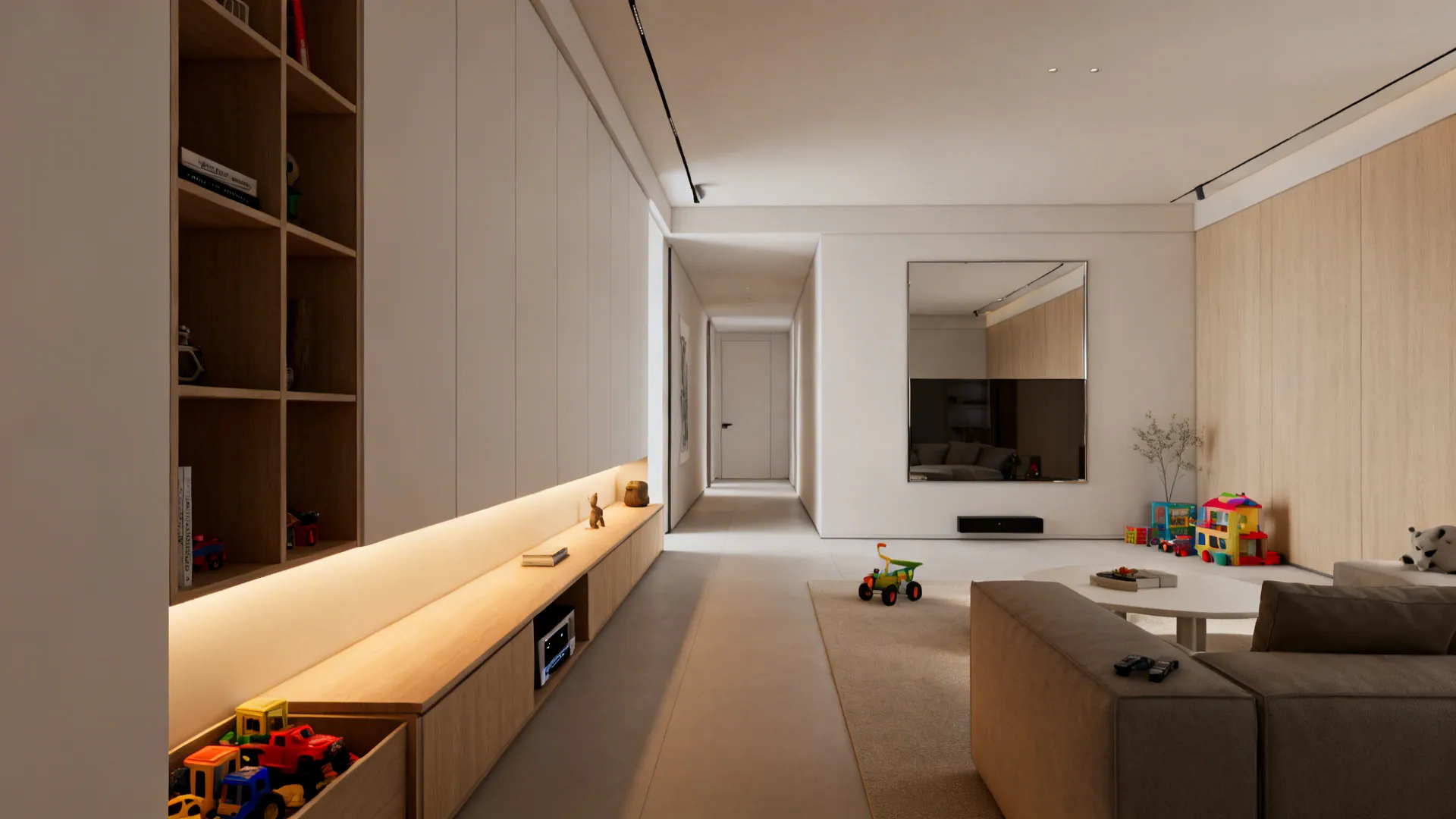 Low built-in cabinets and shelving along one long wall in a narrow living room with integrated lighting.