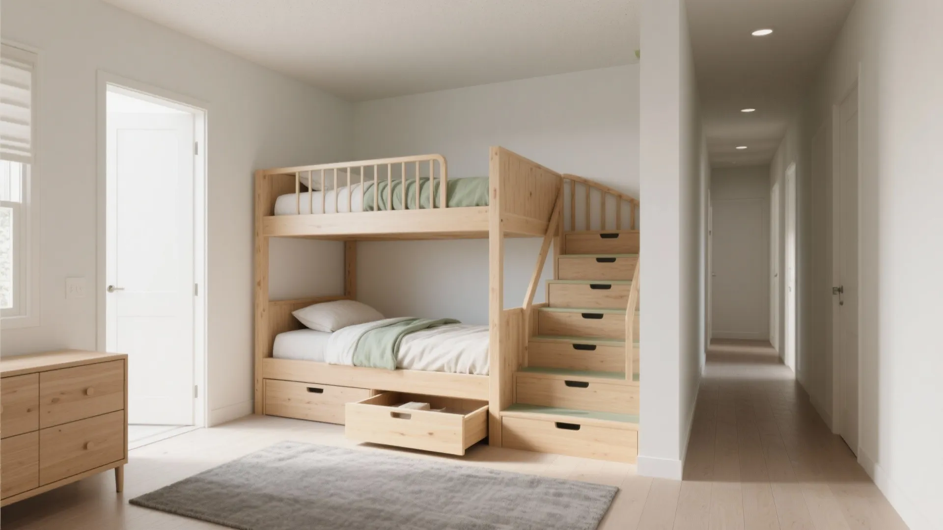 Wooden bunk bed with storage stairs and pull out drawer in a bright minimalist bedroom