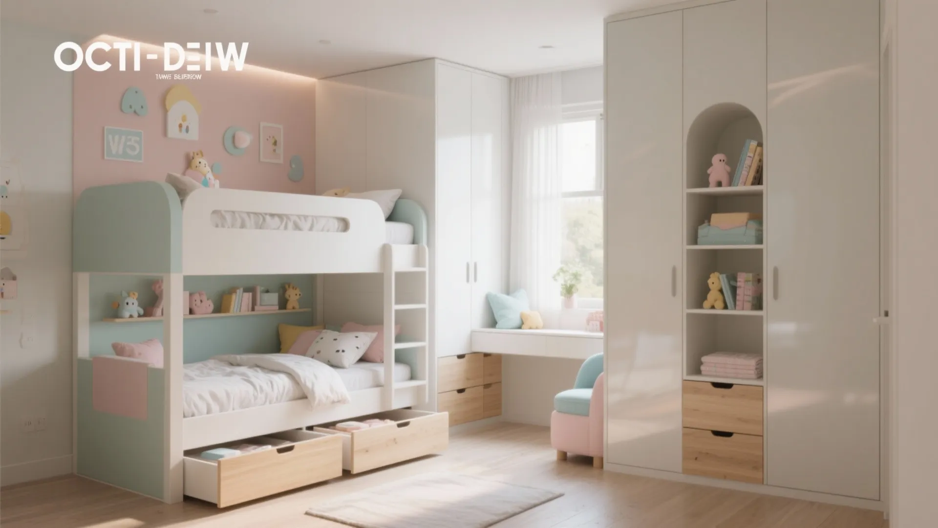 Low-profile bunk beds with built-in drawers and shelving in a light, airy children's bedroom.