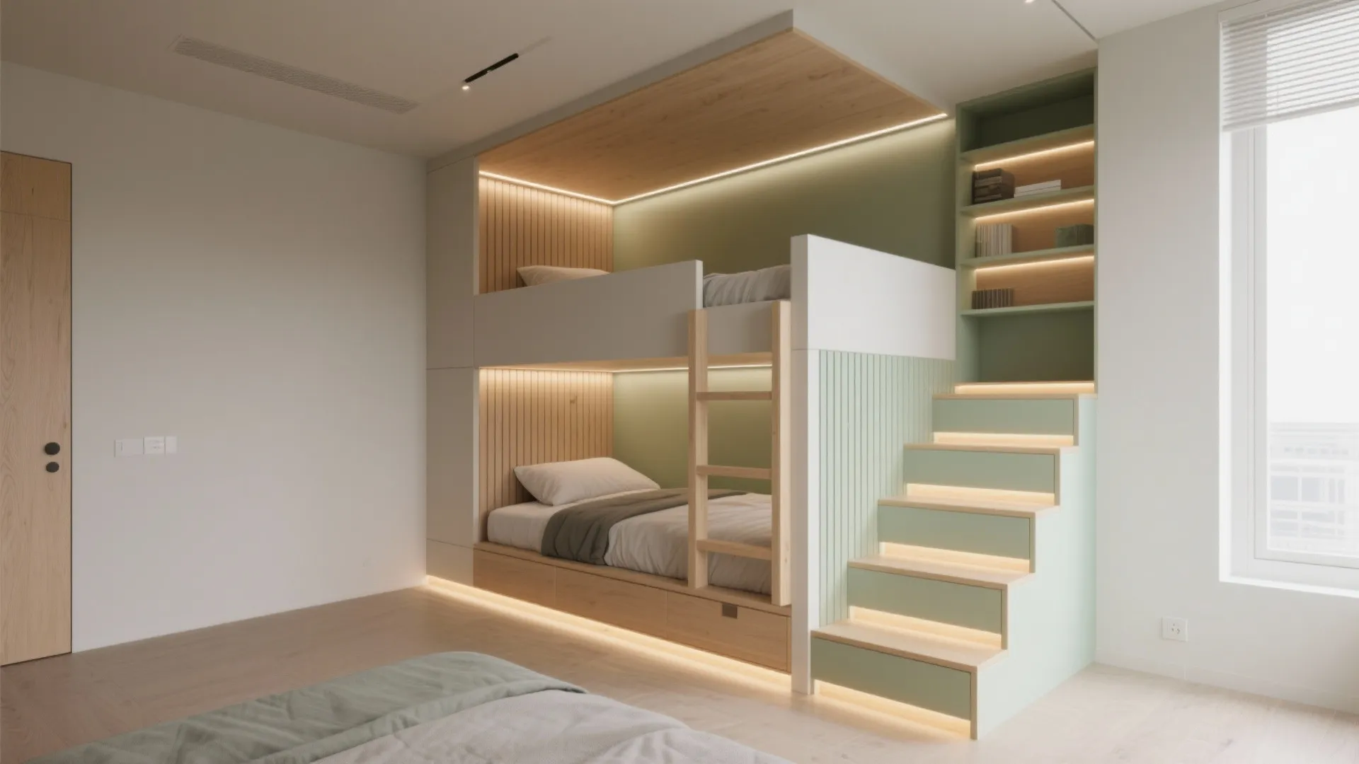 Compact bedroom summary view combining ultra-low bunks, corner layout, storage steps, and warm LED lighting.
