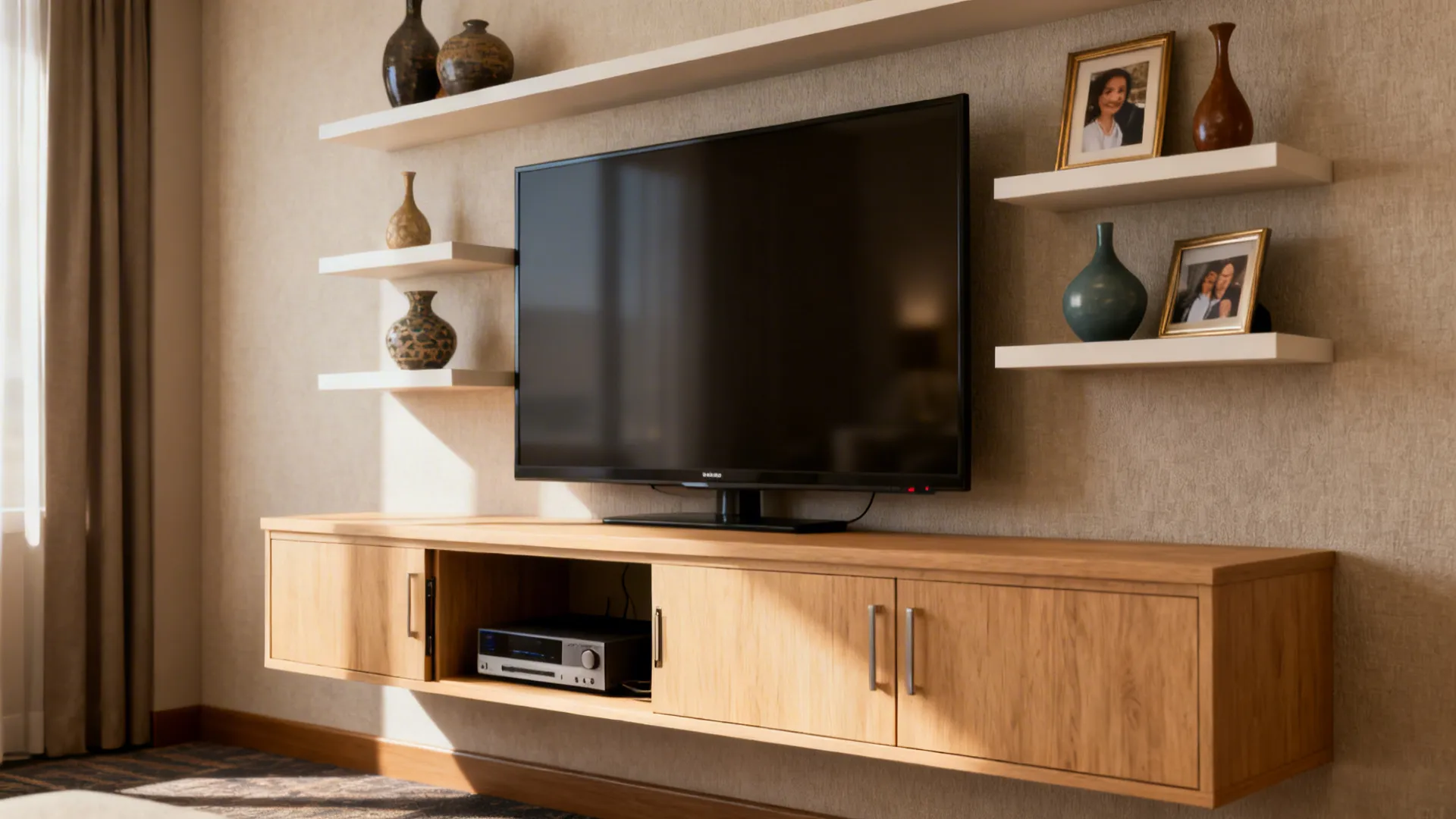 Built-in low cabinet with floating shelves above and a TV, showing hidden storage and tidy decor
