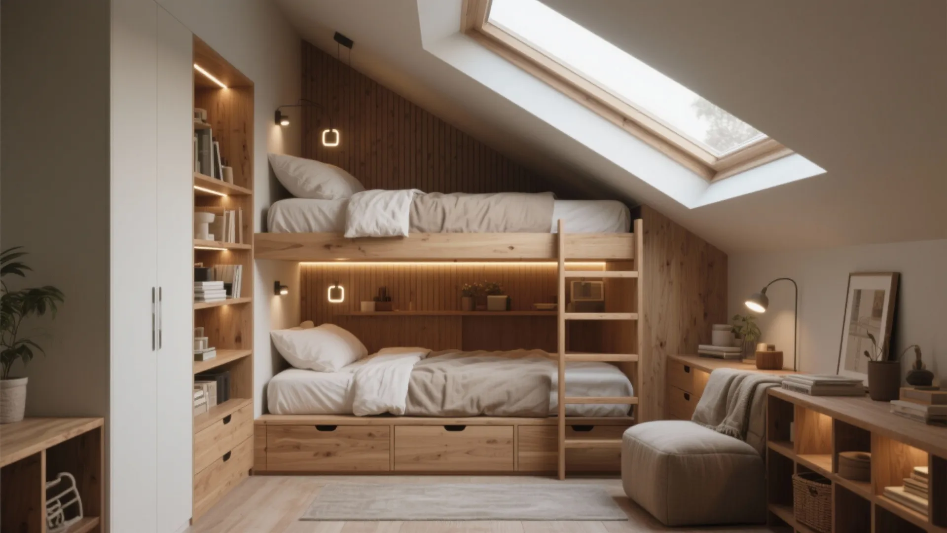 Attic bedroom with wooden bunk beds under a roof window and shelves with warm lighting
