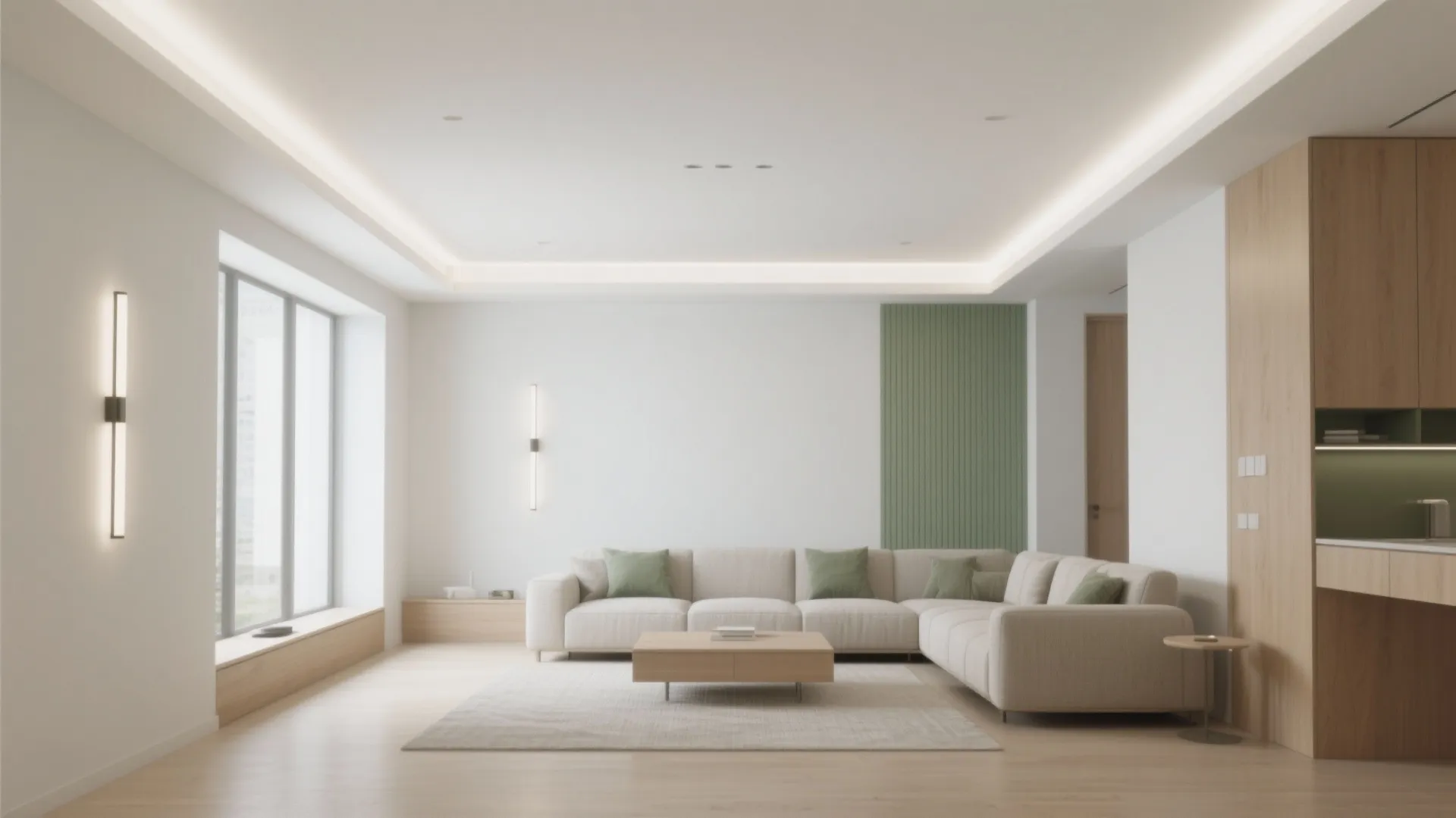 Modern white living room with beige sectional sofa wooden coffee table wall light and large window