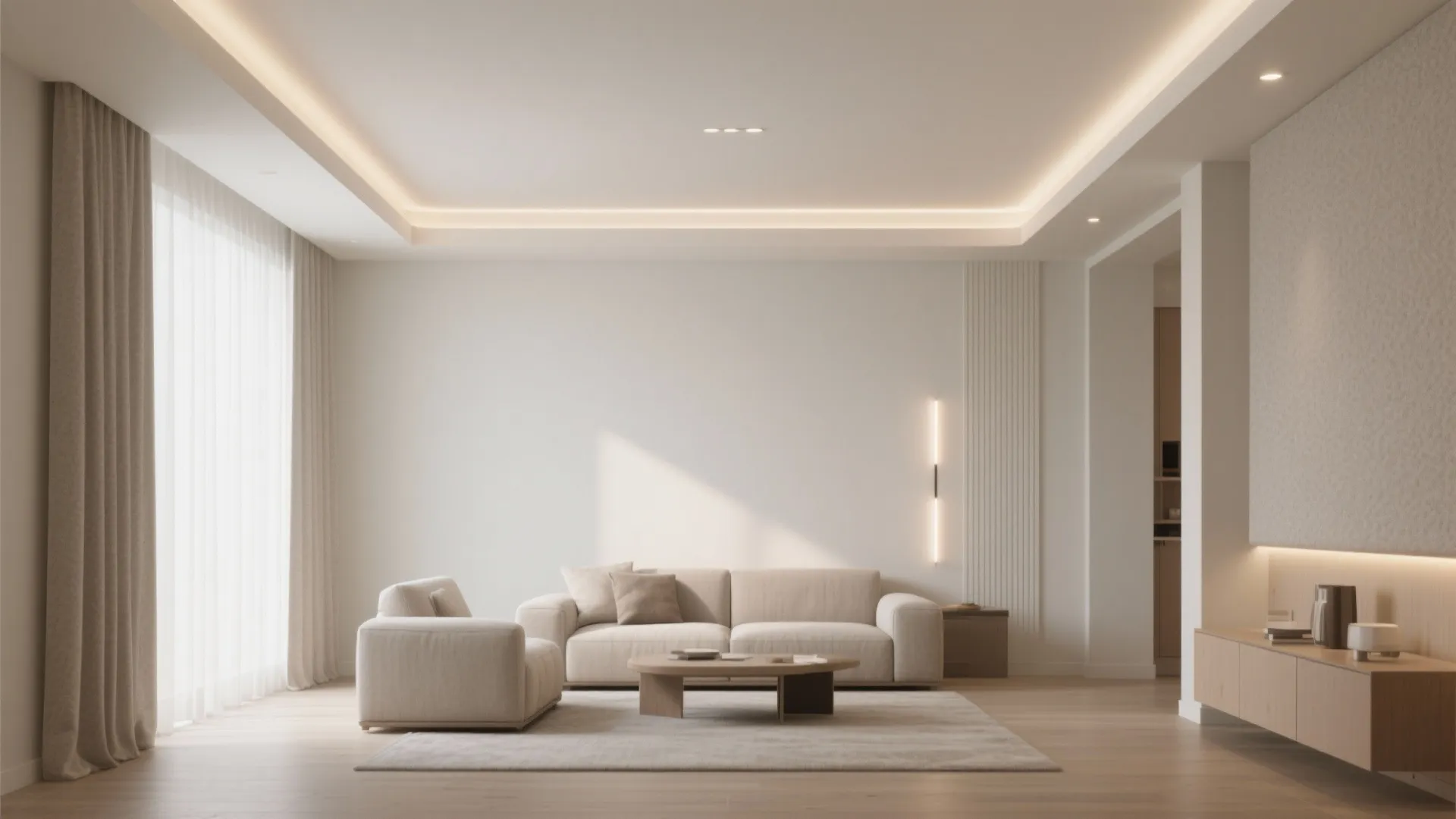 Modern minimalist living room with cream sofa wood floor large window and warm ceiling light