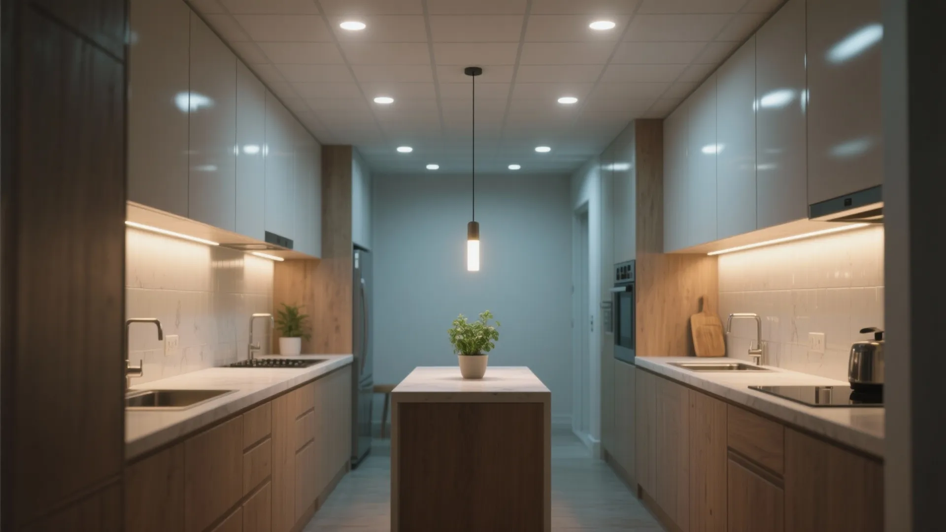 Modern narrow kitchen with white cabinets wooden drawers central island small plant and bright ceiling lights