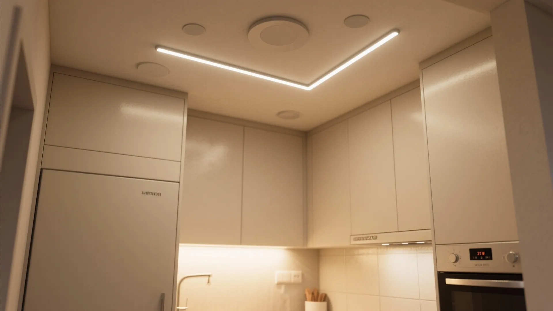 Modern kitchen with white cabinets and a unique V shaped ceiling light fixture on the ceiling
