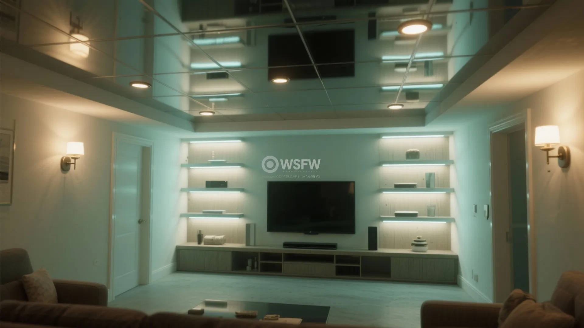 Modern living room with wall lights television and built in shelves with many bright light fixtures