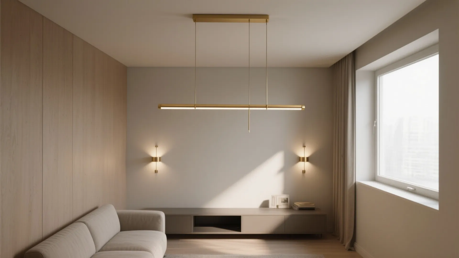 Low-ceiling living area with a brushed-brass slim linear chandelier and layered wall lighting.