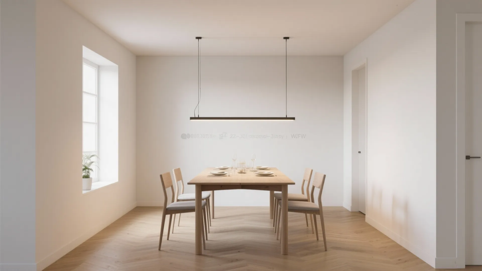 Minimalist dining room with wooden table chairs black linear ceiling light and light wood floor