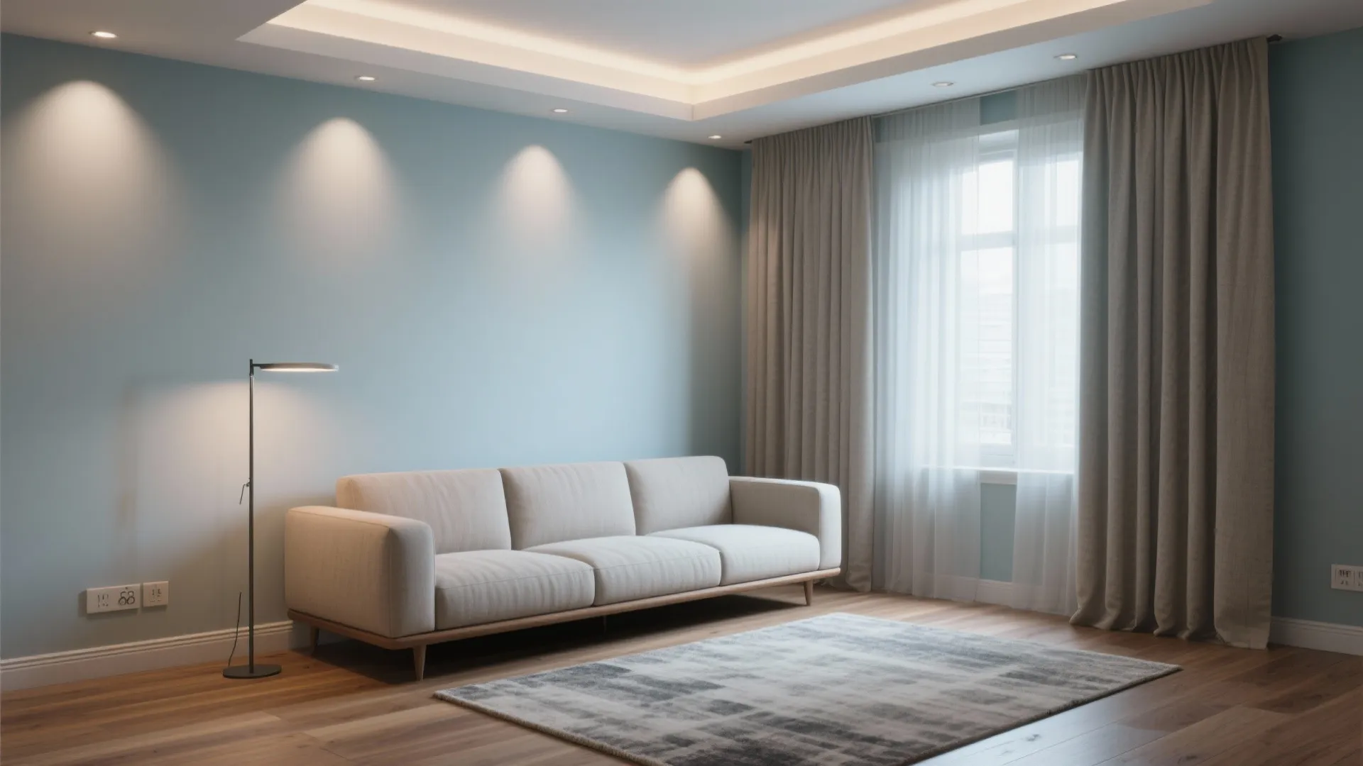 Modern blue living room featuring beige sofa, floor lamp, grey rug, wooden floor and curtains