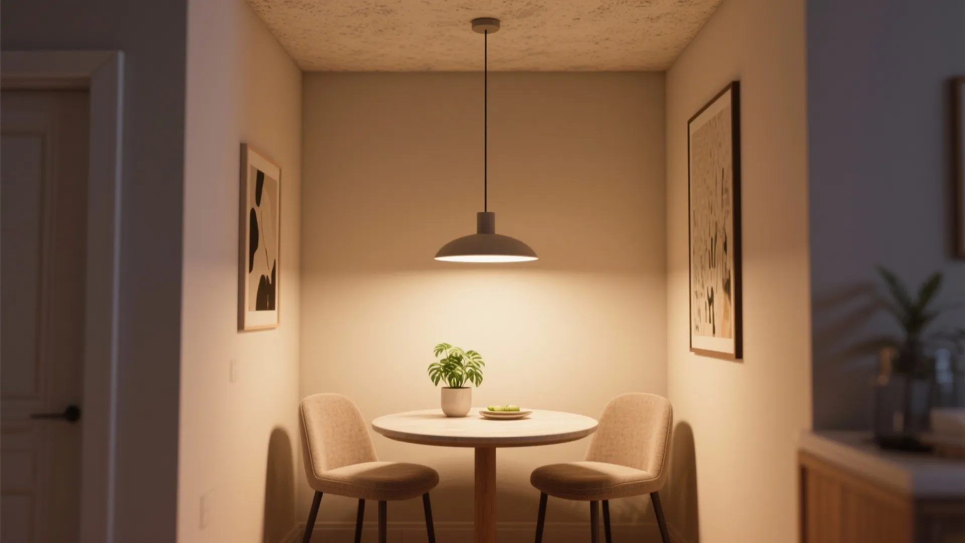 Small dining nook with round table two chairs and grey ceiling light in a cozy corner