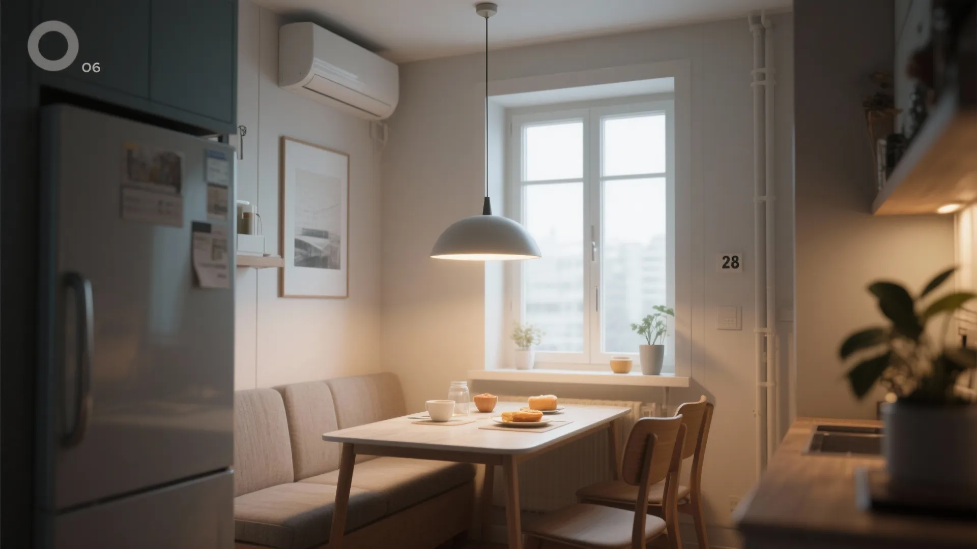 Small dining area with white table grey sofa wooden chairs and a grey ceiling light