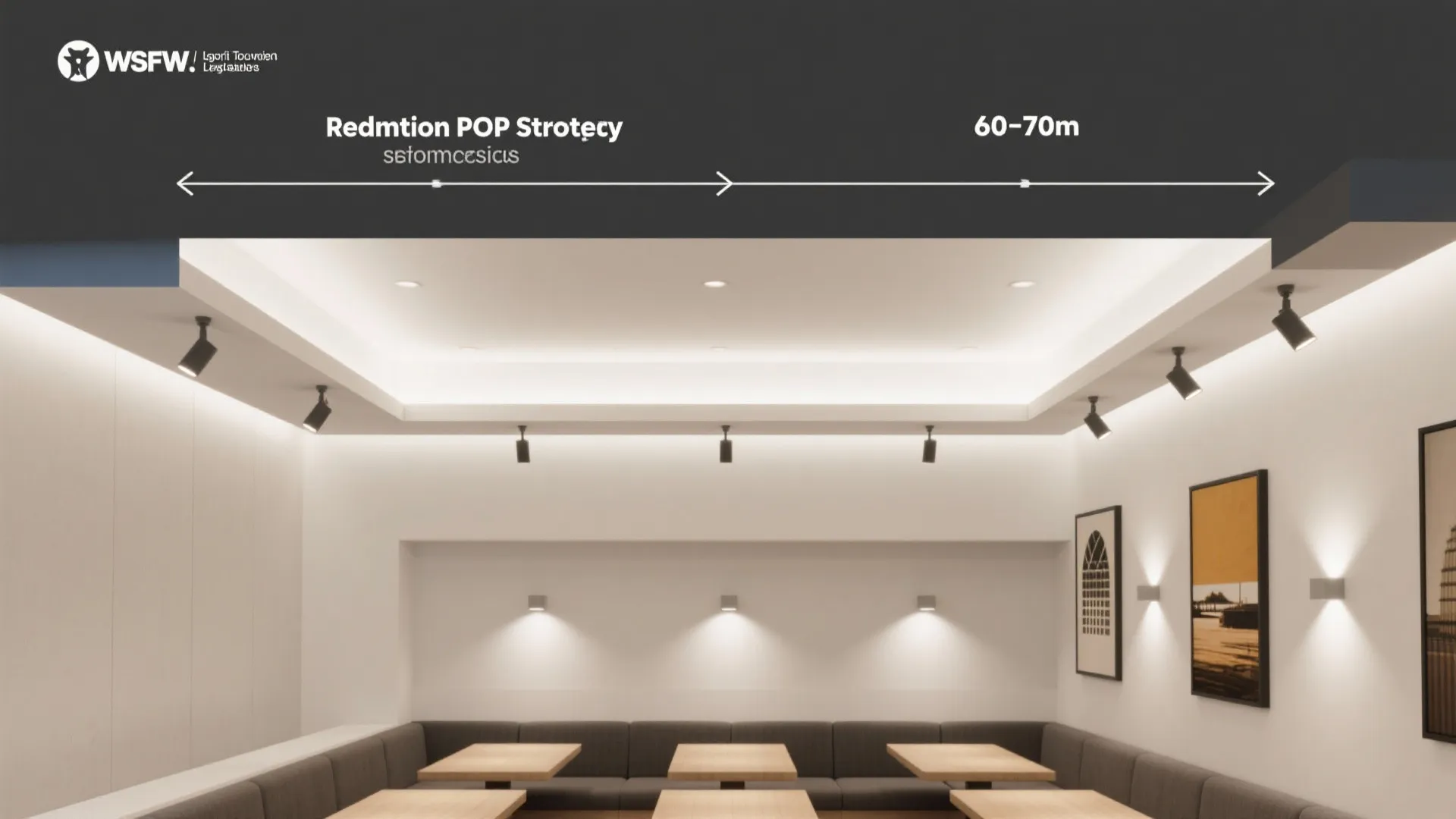 Modern interior design drawing showing ceiling light layout with spot lights and black wall lights