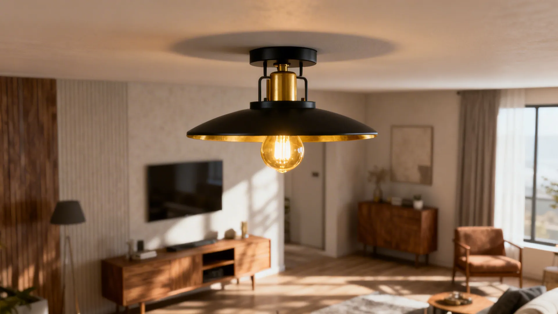 Low-ceiling living area fitted with a compact semi-flush black-and-gold fixture keeping comfortable headroom.