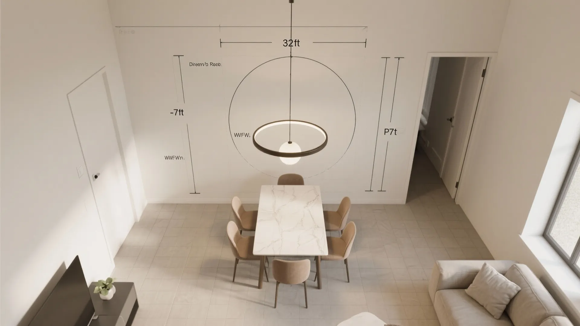 Top-down view illustrating chandelier clearance and sizing in a compact layout.